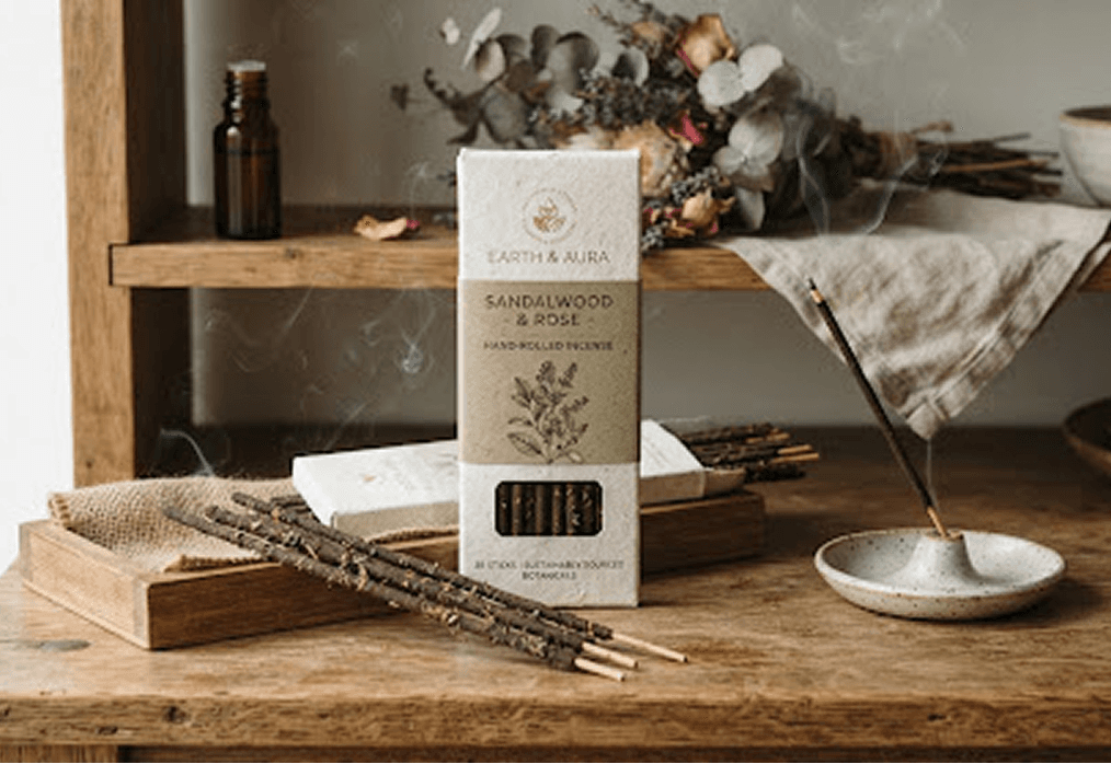 Artisanal incense and conscious packaging arranged on a wooden table