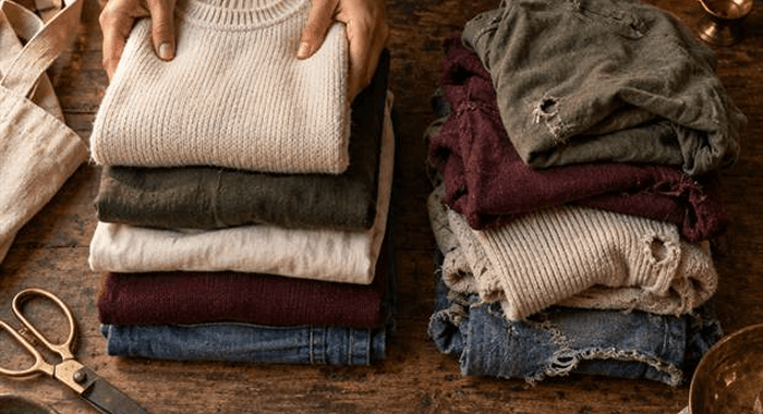 Folded and worn clothes ready to be reused