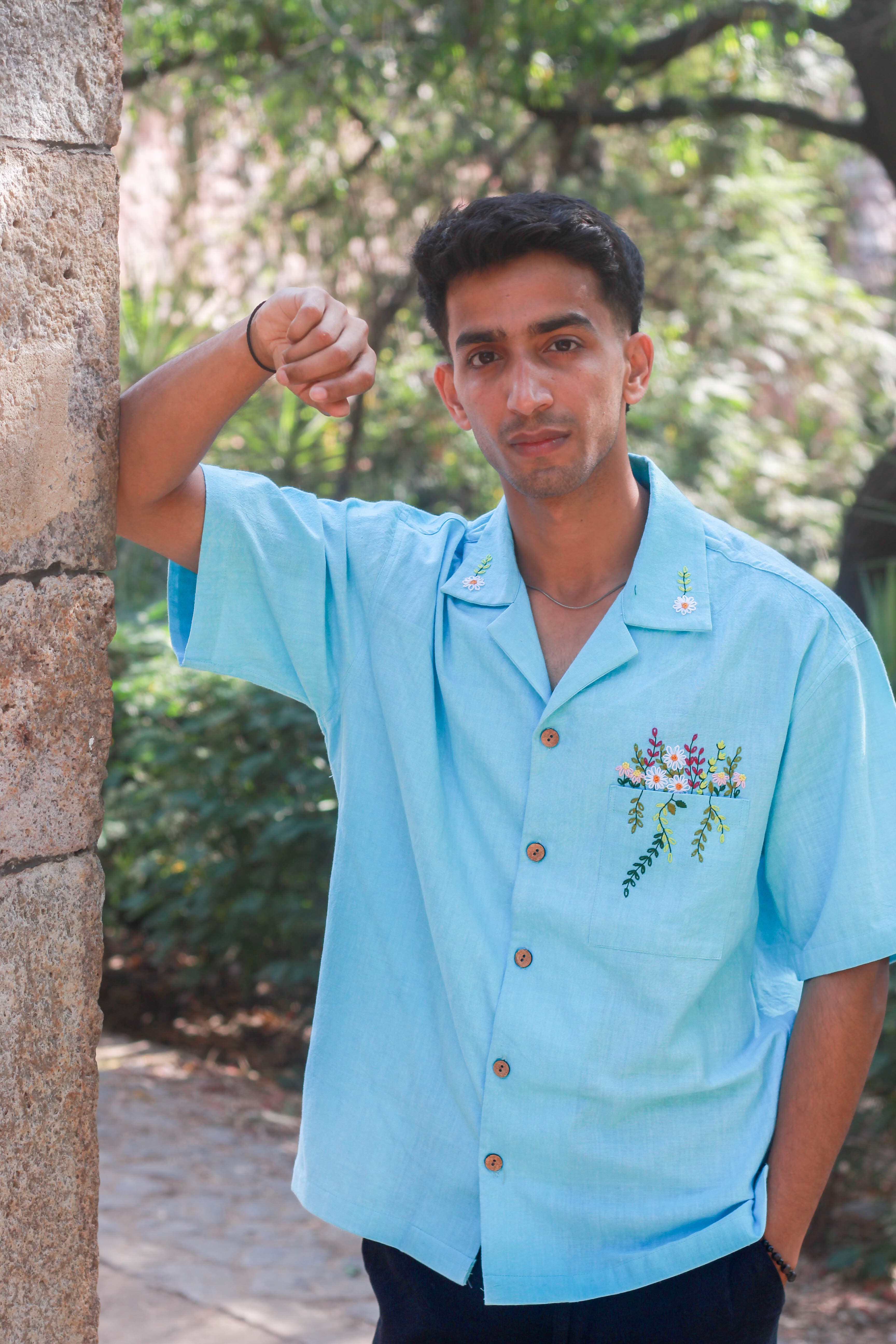 Jaipur Embroidered Handloom Cotton Shirt with Floral Hand Embroidery