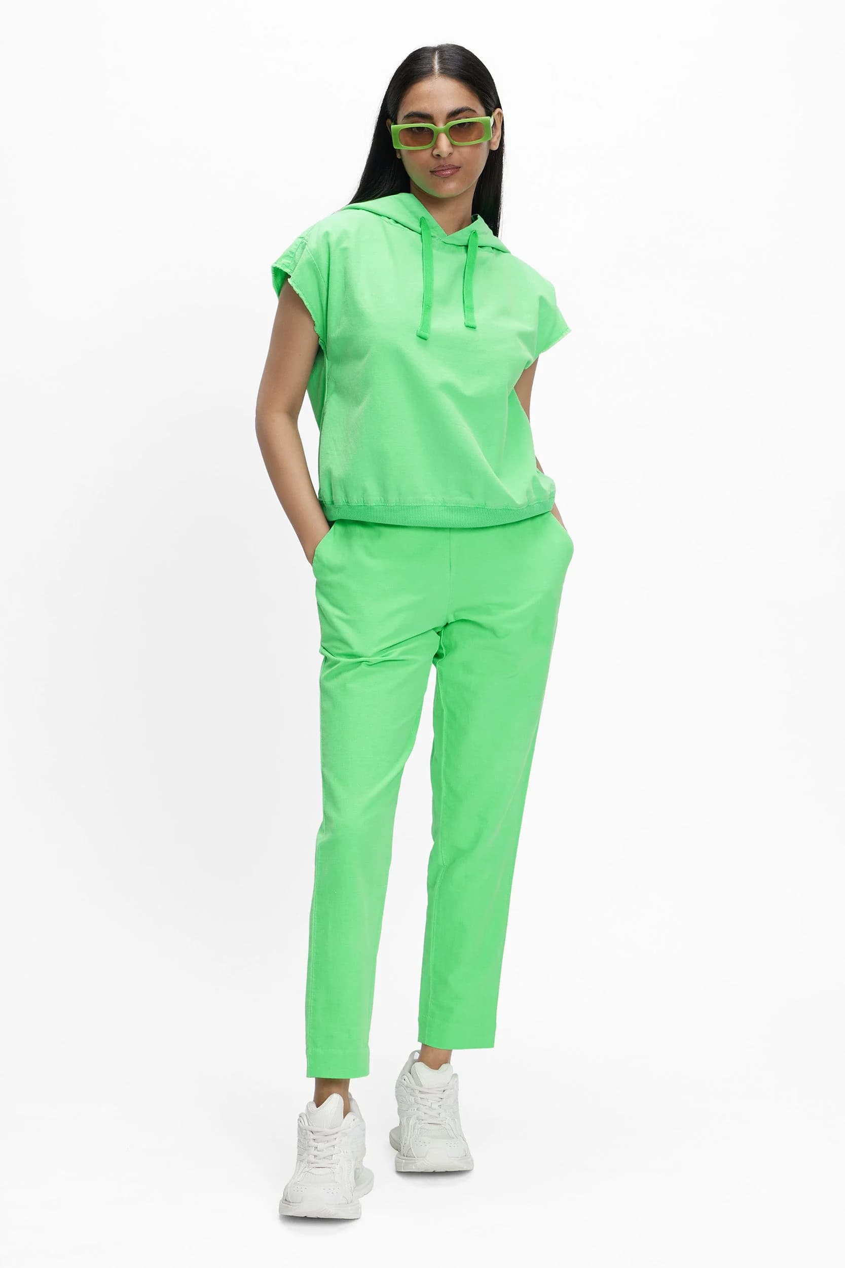 Women's 100% Organic Khadi Oxford Cotton Sadet Sleeveless Hoodie – Relaxed Fit | Aurora Green