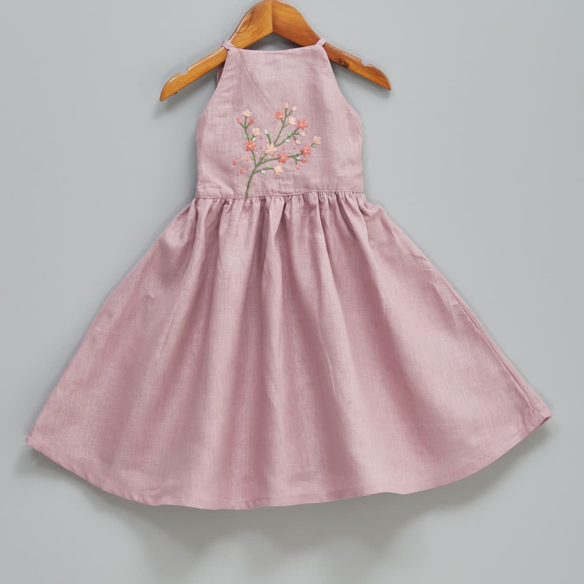 Girls Dress | Wine Linen with Embroidered Yoke & Pleated Hem