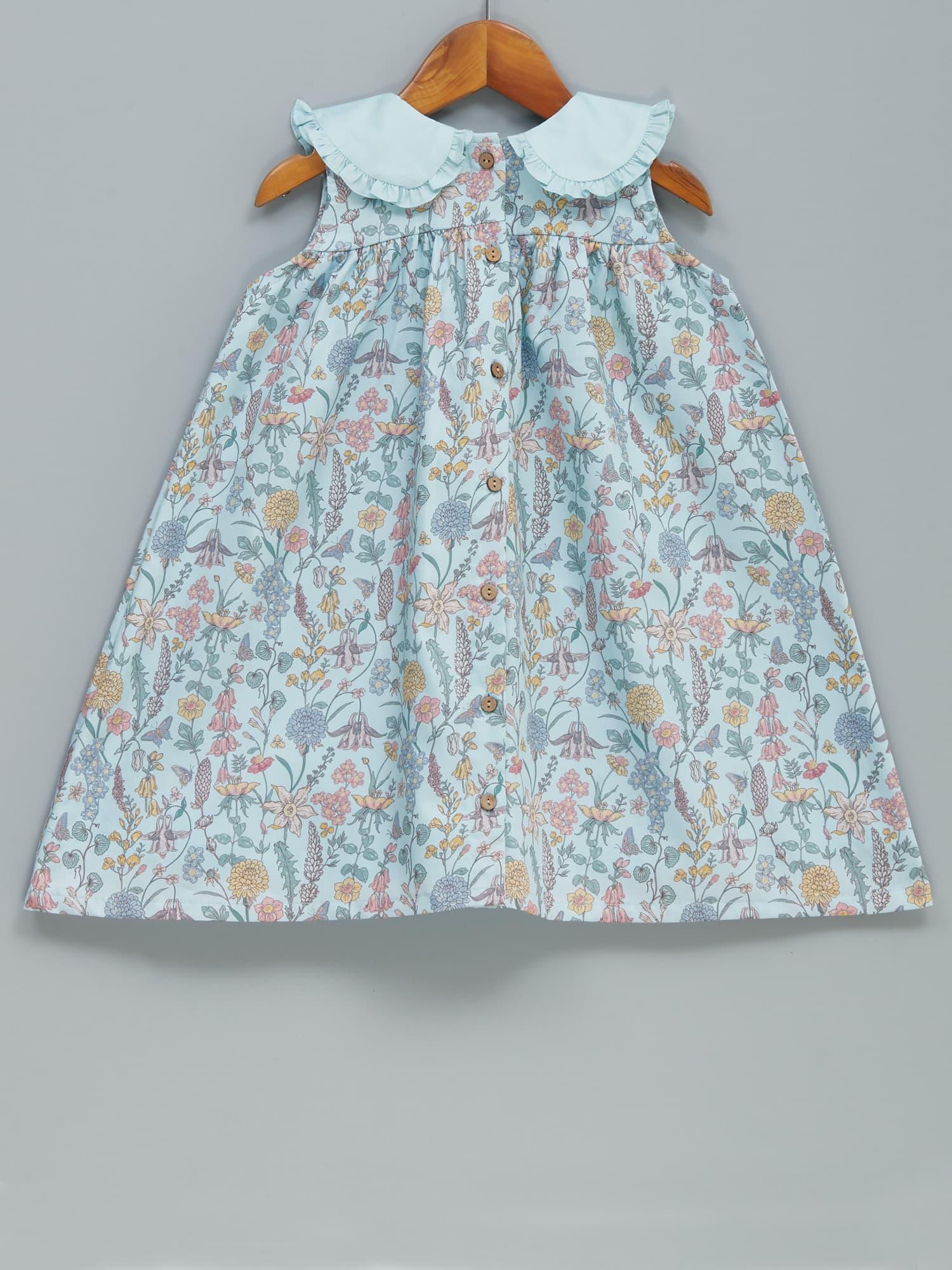Girls Dress – Blue Cotton with Wild Floral Digital Print
