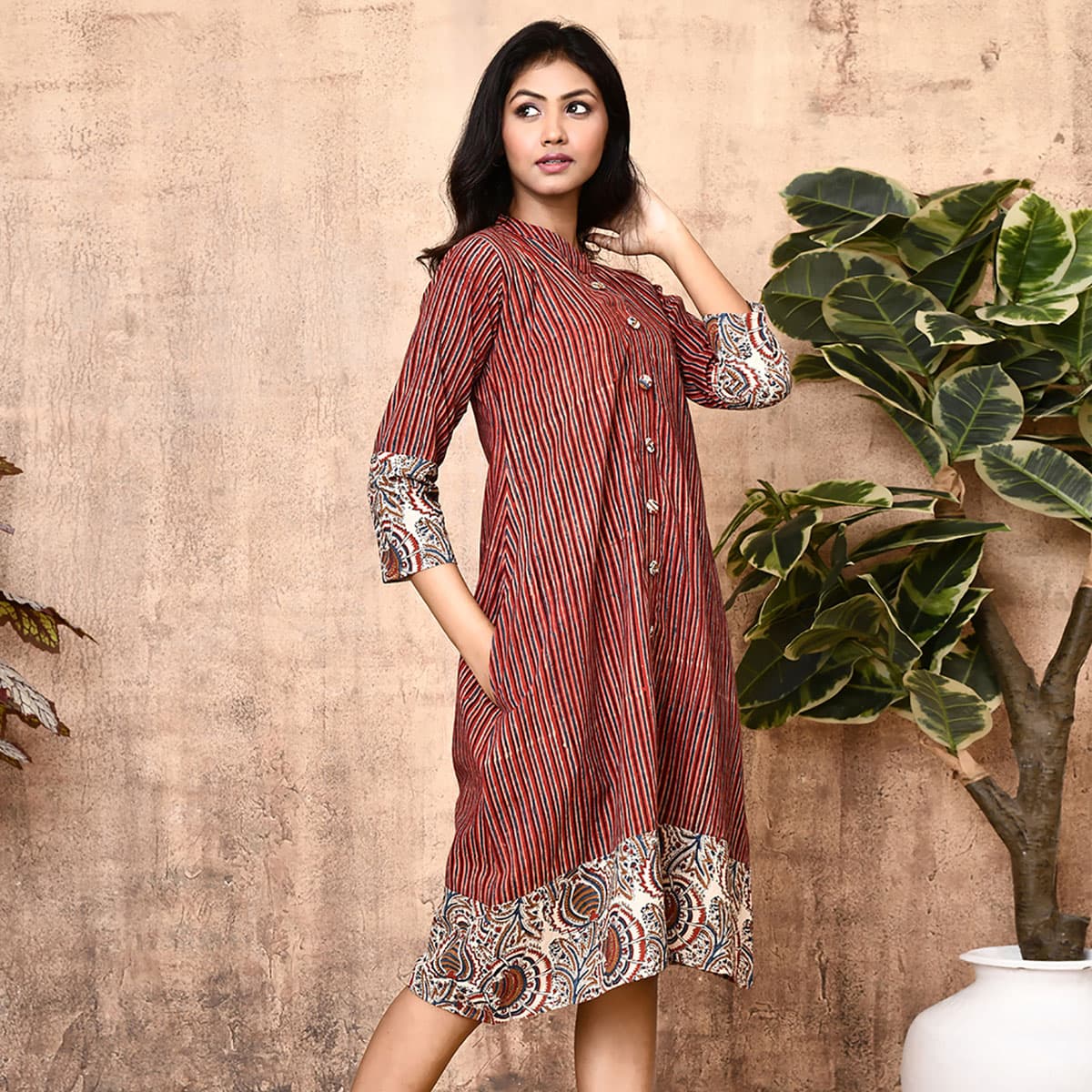 Red Ajrakh Block Printed Shirt Dress