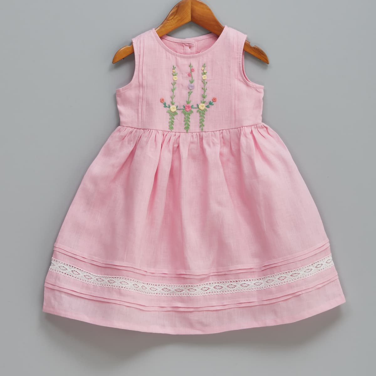 Girls Dress | Pink Linen with Embroidered Yoke & Lace
