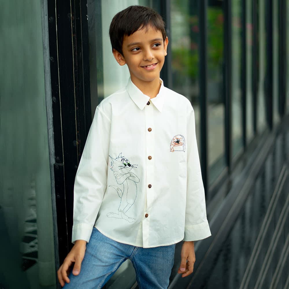  Cartoon Embroidered Organic Cotton Shirt – White Sustainable Wear