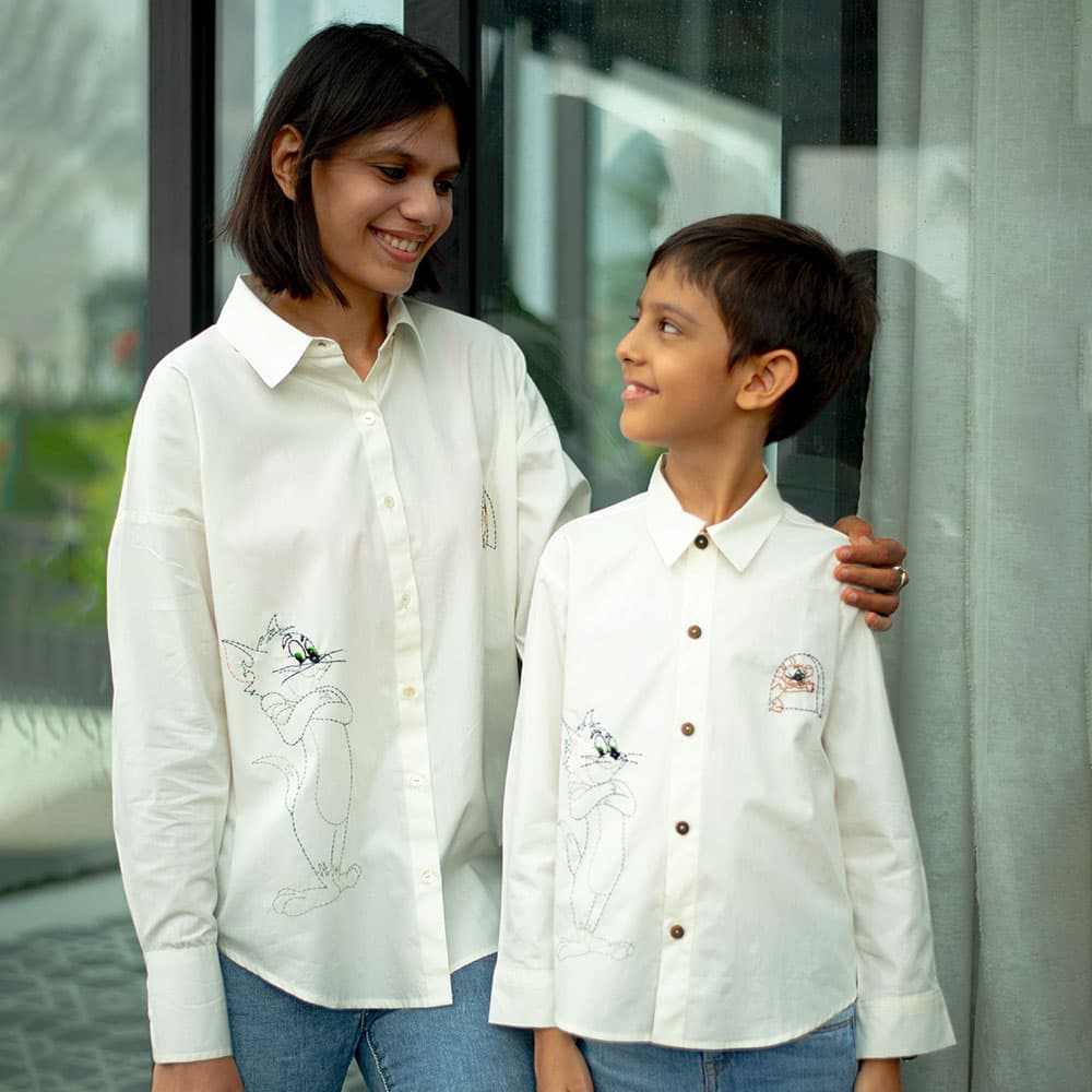Cat and Mouse Cartoon Embroidered Women's Shirt | Premium Cotton Casual, Fun & Smart-Casual Wear Shirt