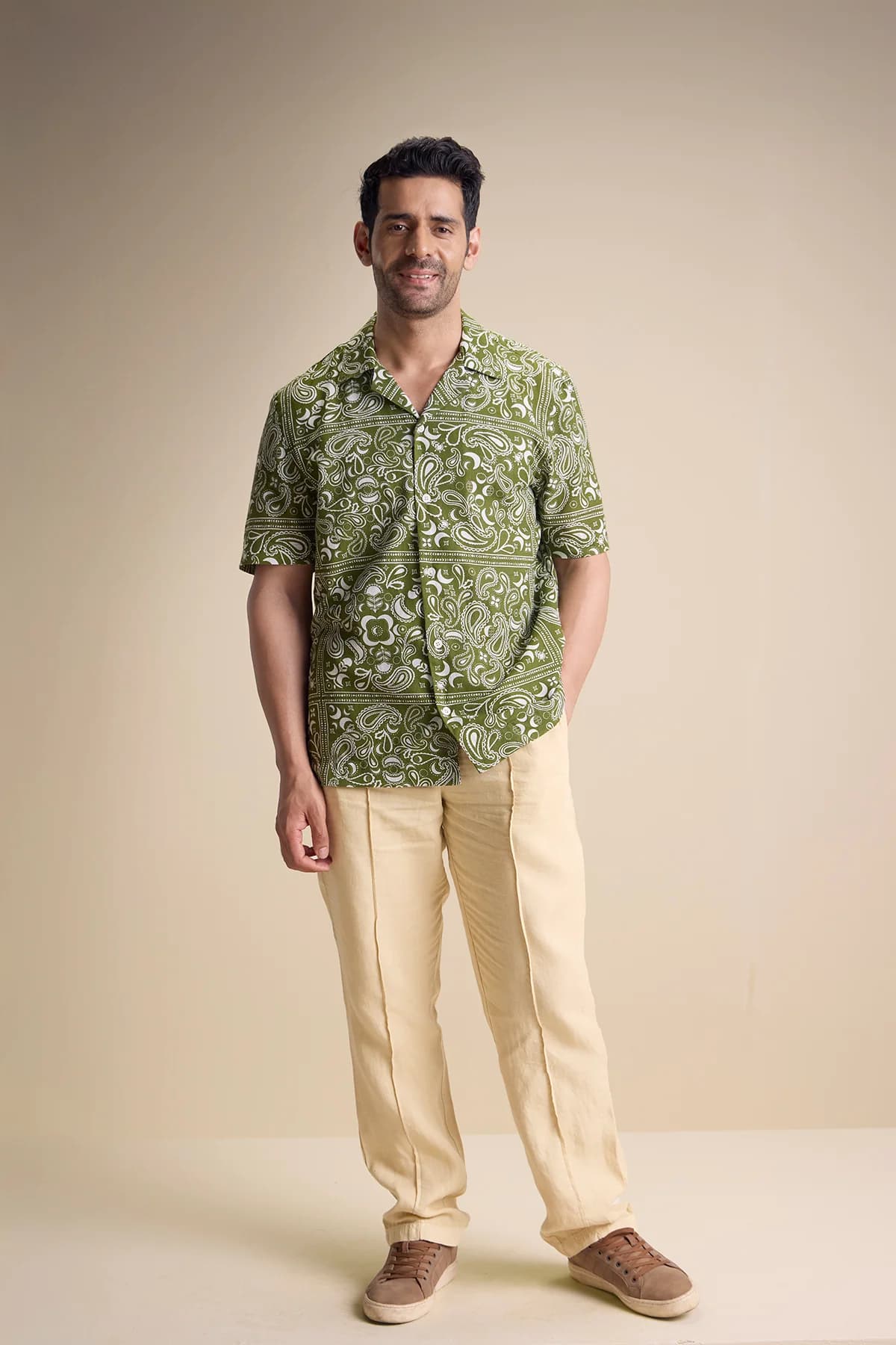 Men's 100% Cotton Vento Short Sleeve Camp Collar Shirt | Zira Luna Olive