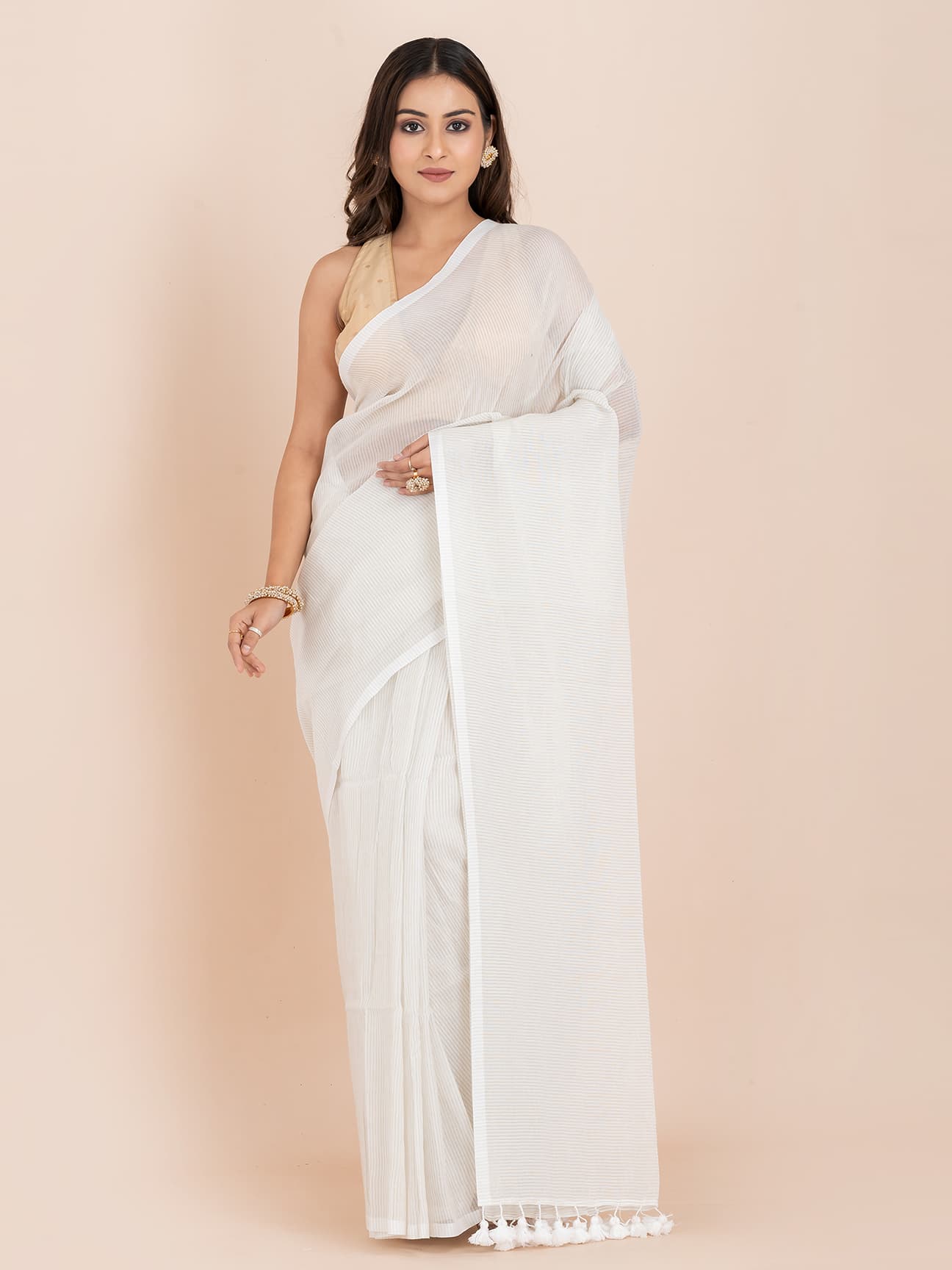 Snow Veil - Pure Cotton Striped Saree With Metallic Zari Without Blouse Piece l White