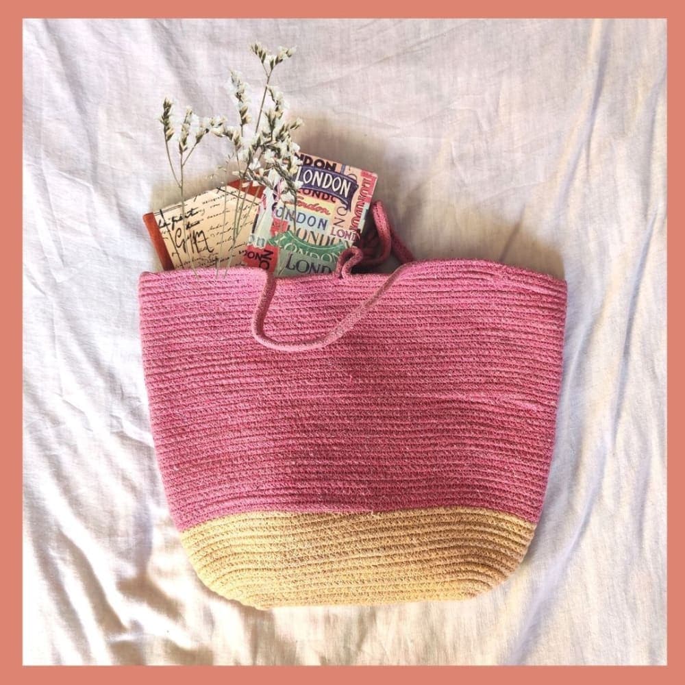 Pink & Cream Cotton Rope Tote Bag – Handwoven Round Shoulder Bag