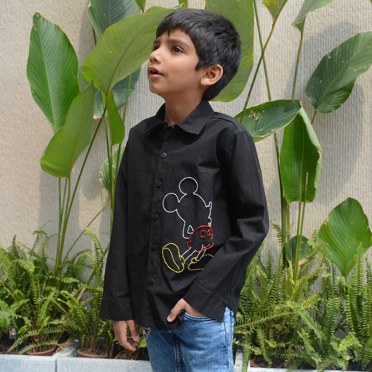 Mouse Embellished Cotton Shirt – Black Casual Wear