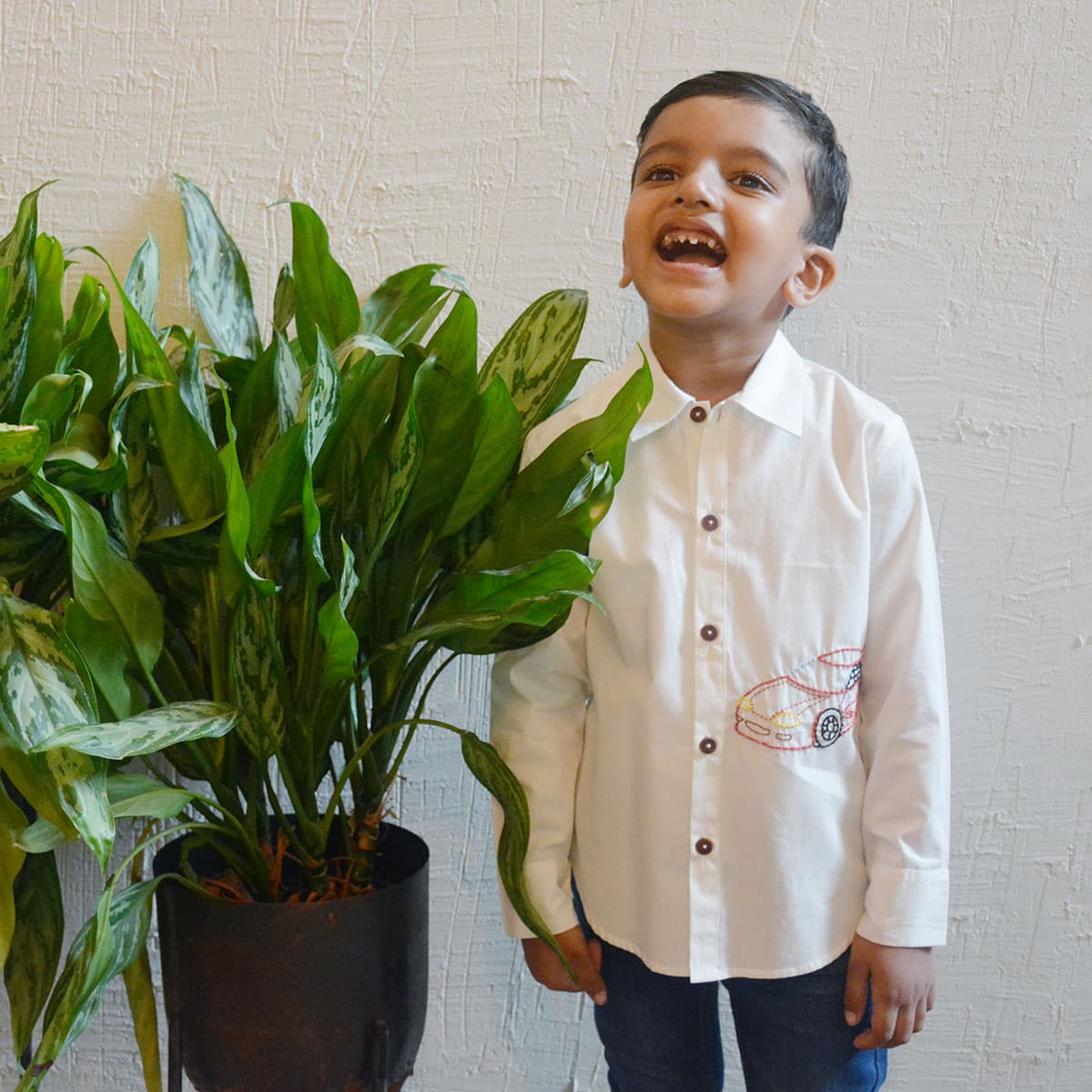 Super Car Embroidered Cotton Shirt – White Casual Wear