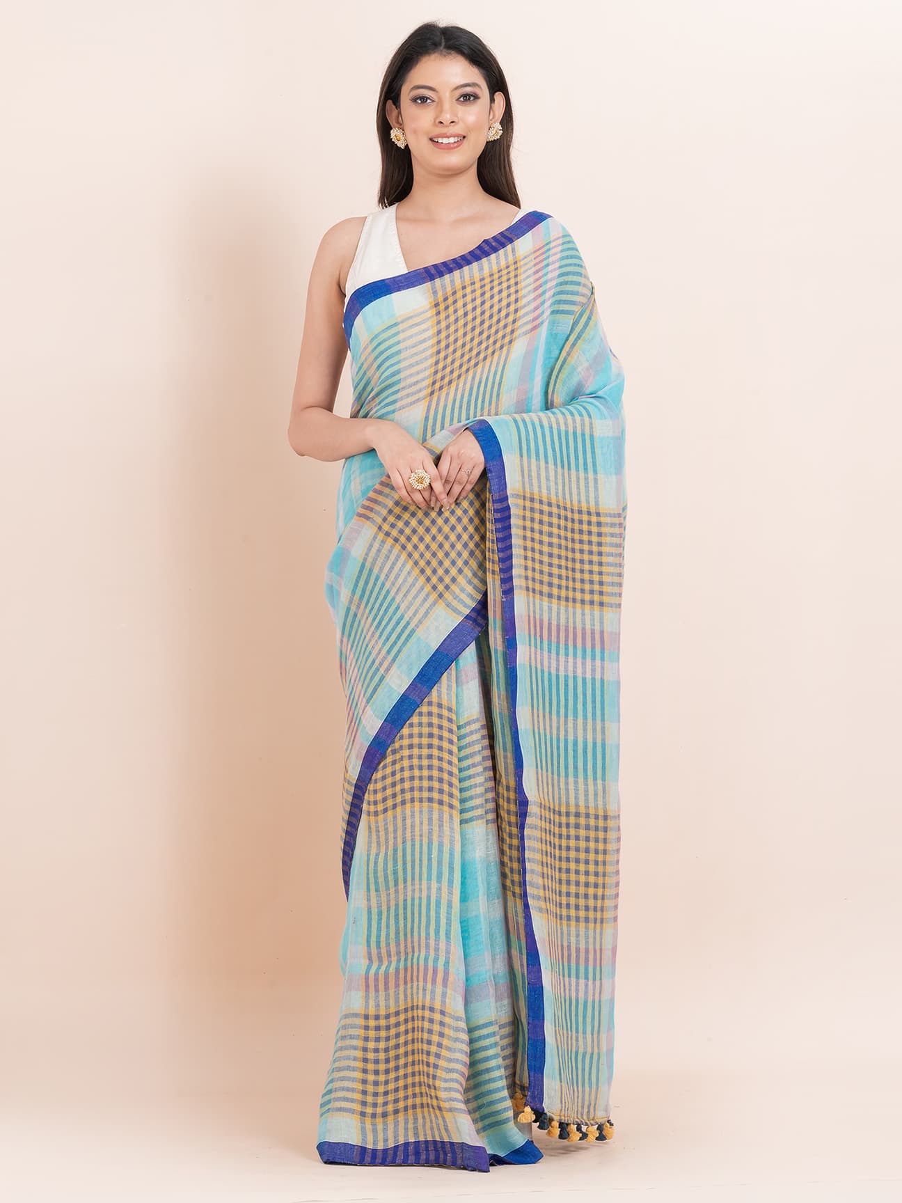 Cerulean Bliss - Pure Linen Striped Saree With Blouse Piece l Navy