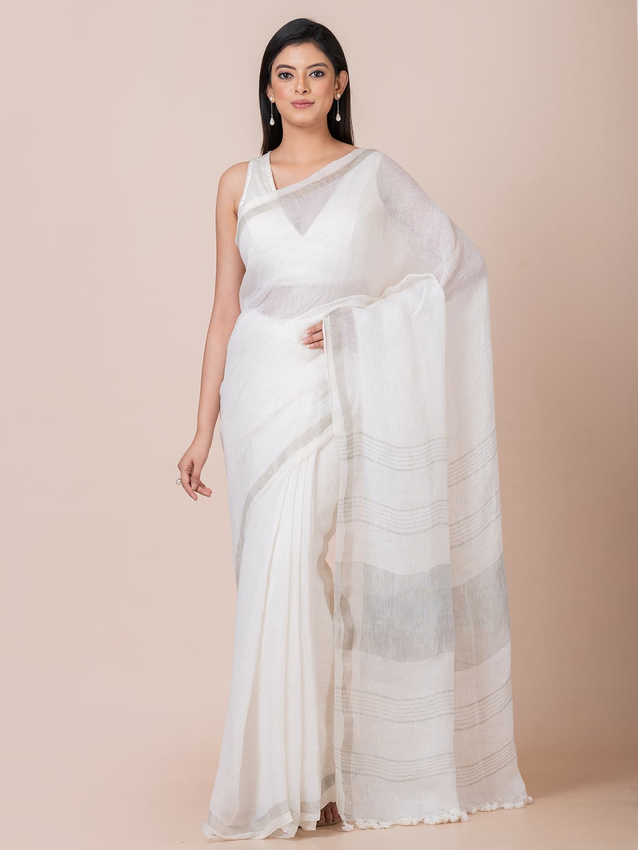 Ivory Breeze - Pure Linen Solid Saree With Zari Border Without Blouse Piece l White