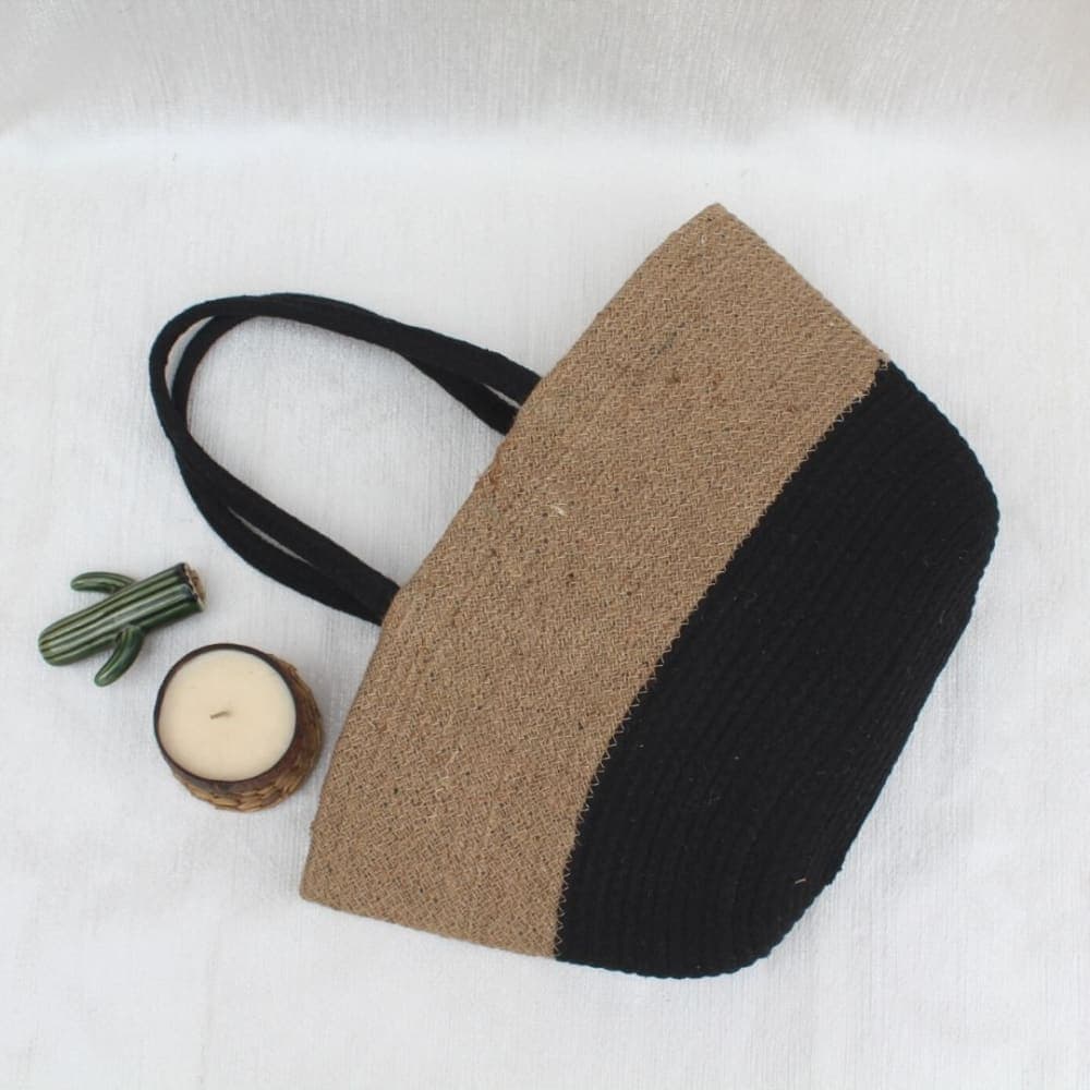 Black & Beige Jute Tote Bag – Large Eco-Friendly Handbag for Work, Travel & Everyday Use 