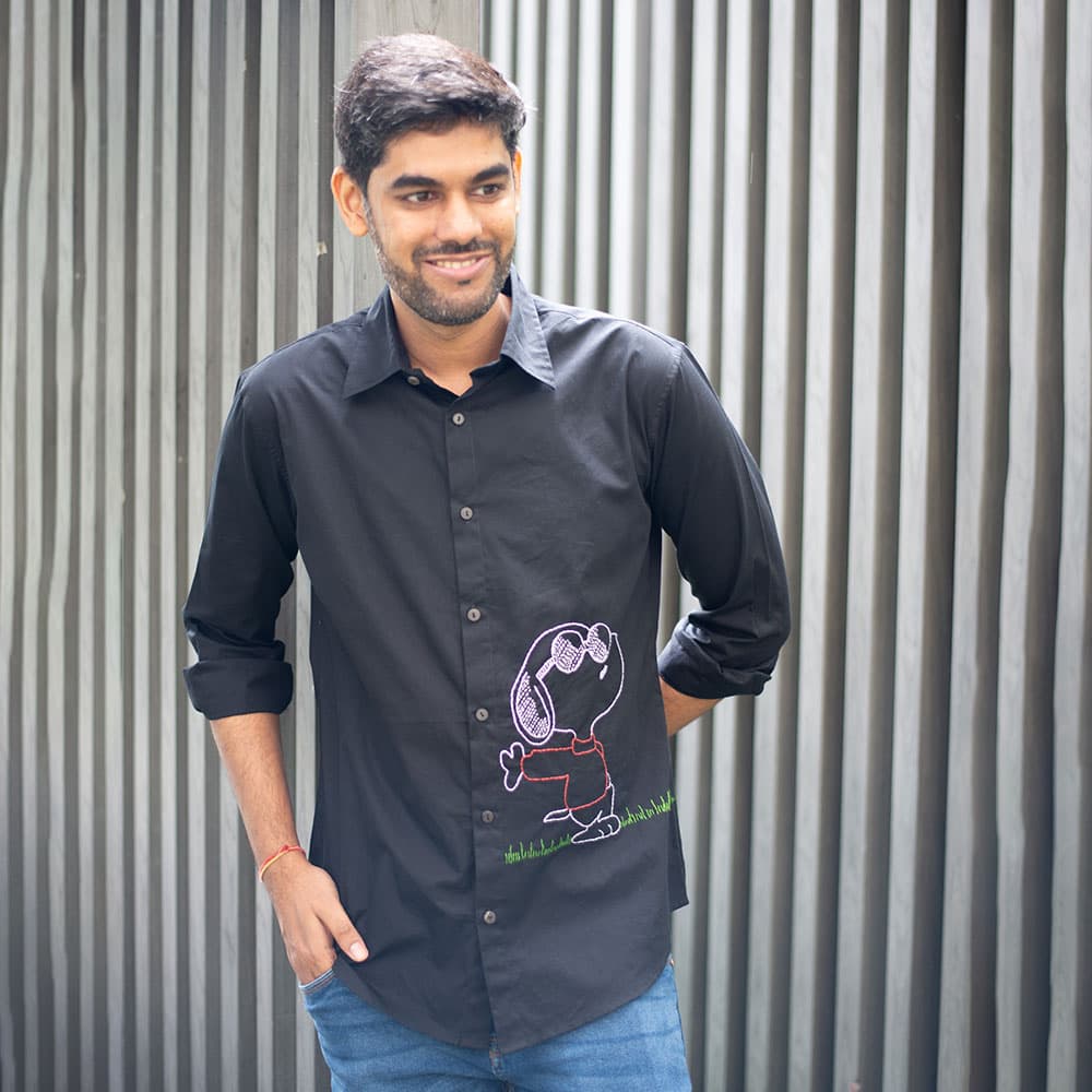 Chill Dog Embroidered Men's Black Organic Cotton Shirt | Casual & Everyday Wear