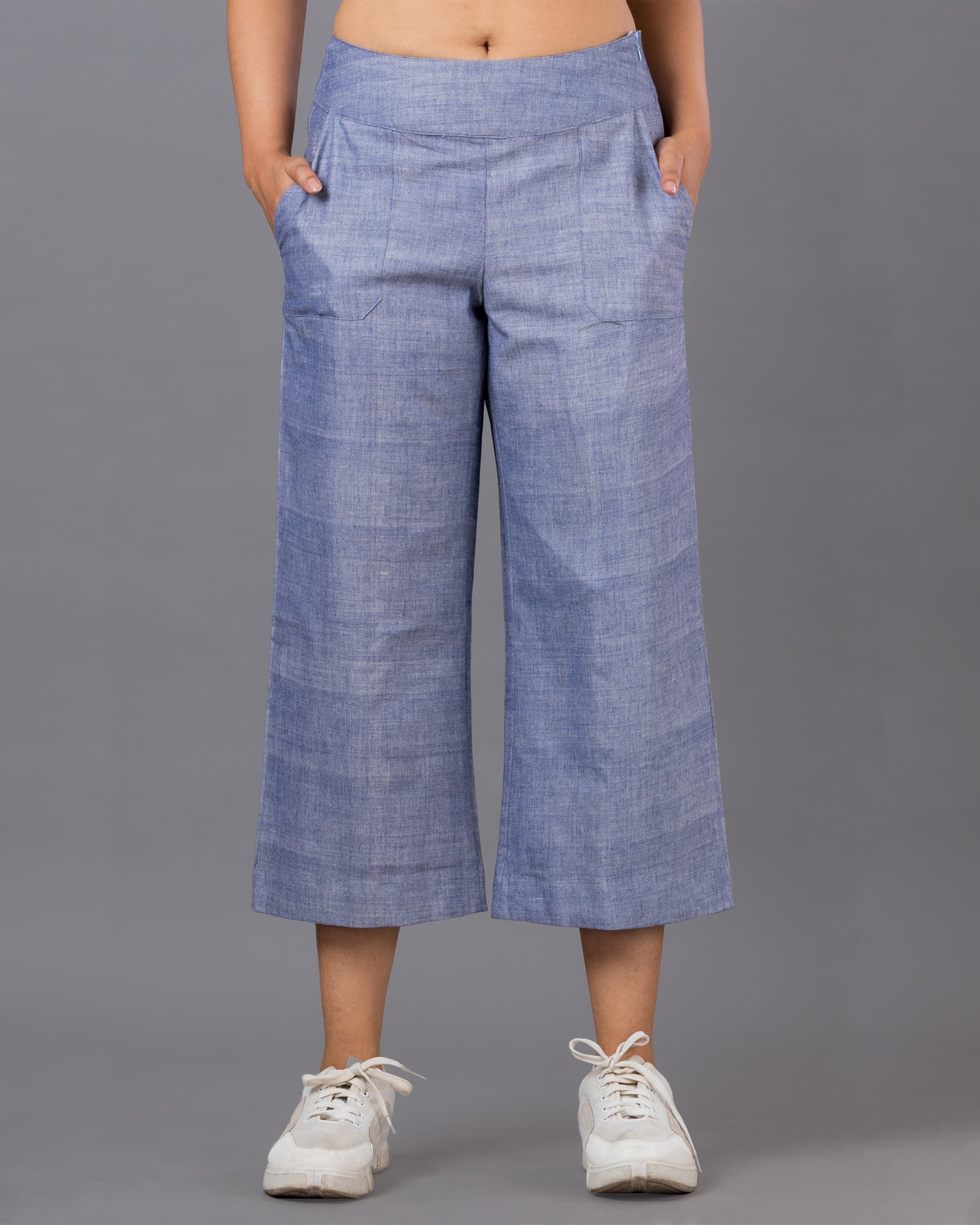 SLEEK SOLID PANT - OCAU  Blue Wide Leg Solid Cropped Pant