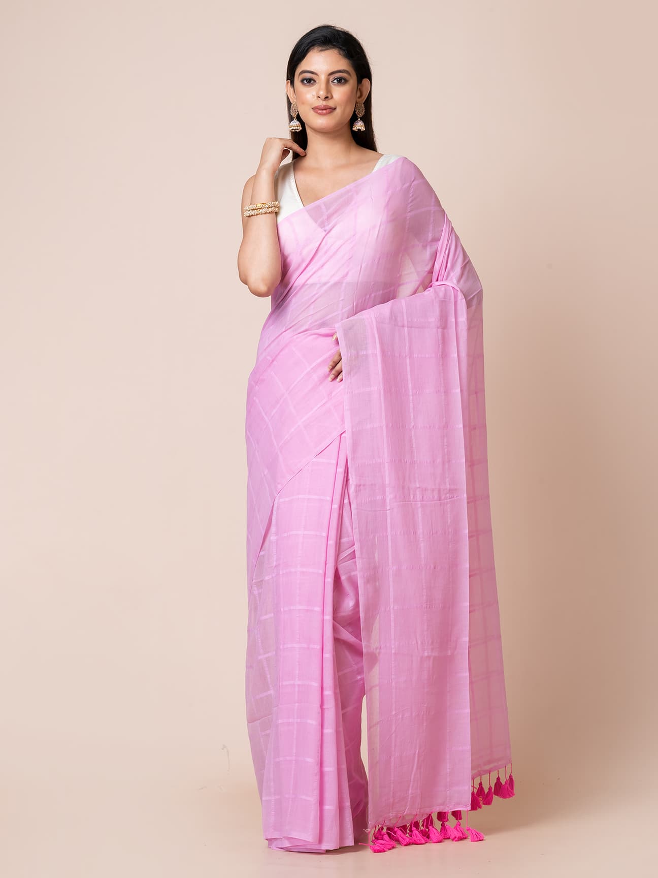 Berry Blush - Pure Cotton Checkered Saree Without Blouse Piece l Pink