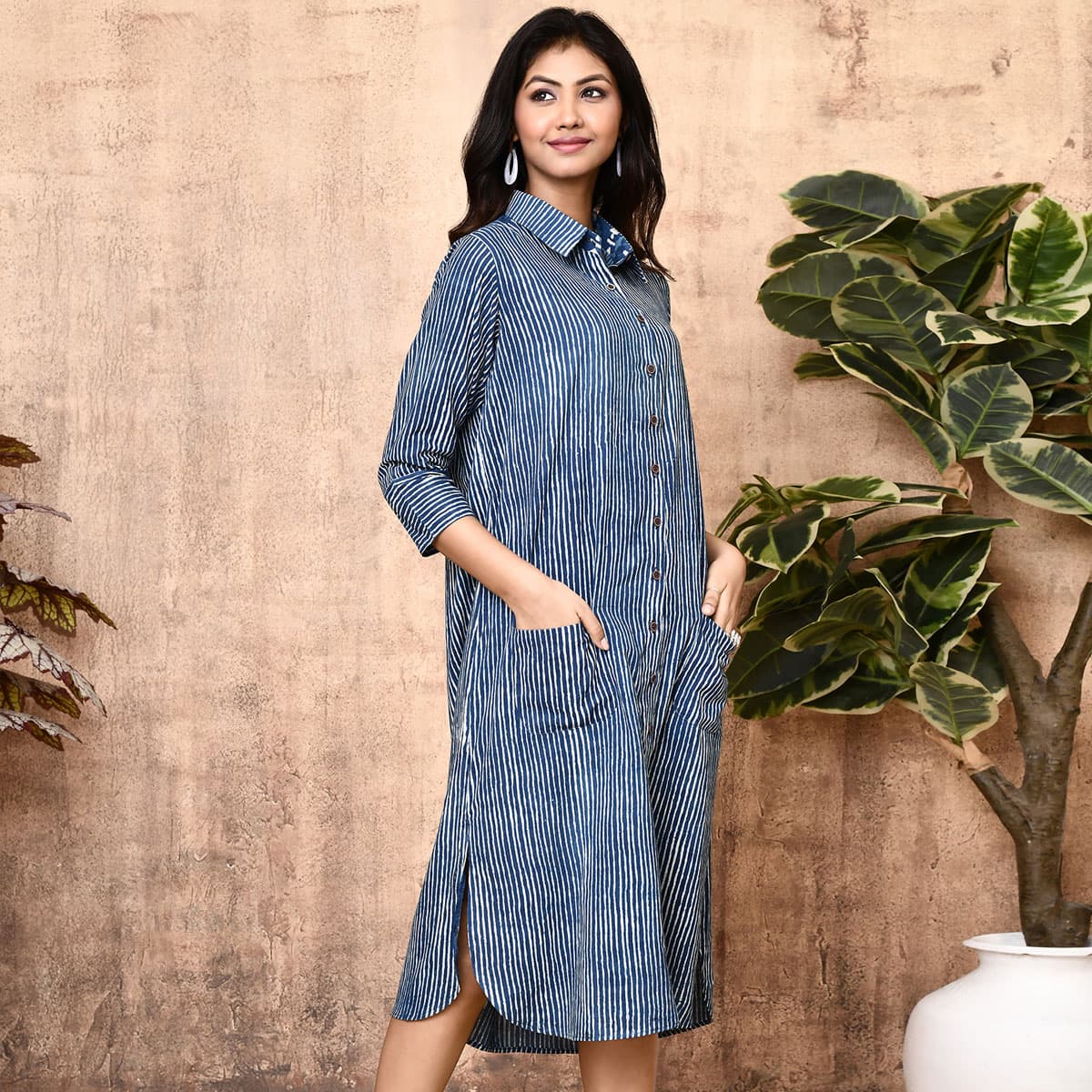 Arika Indigo Block Printed Cotton Long Shirt Dress
