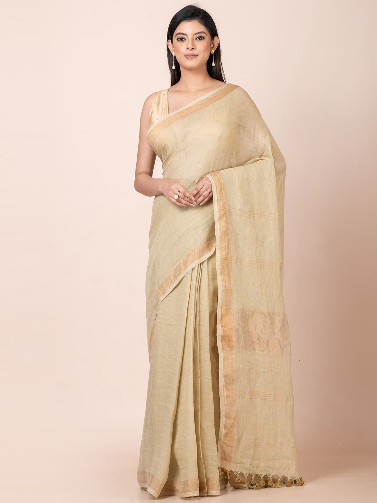 Desert Bloom - Pure Linen Solid Saree With Zari Border Without Blouse Piece l Tan