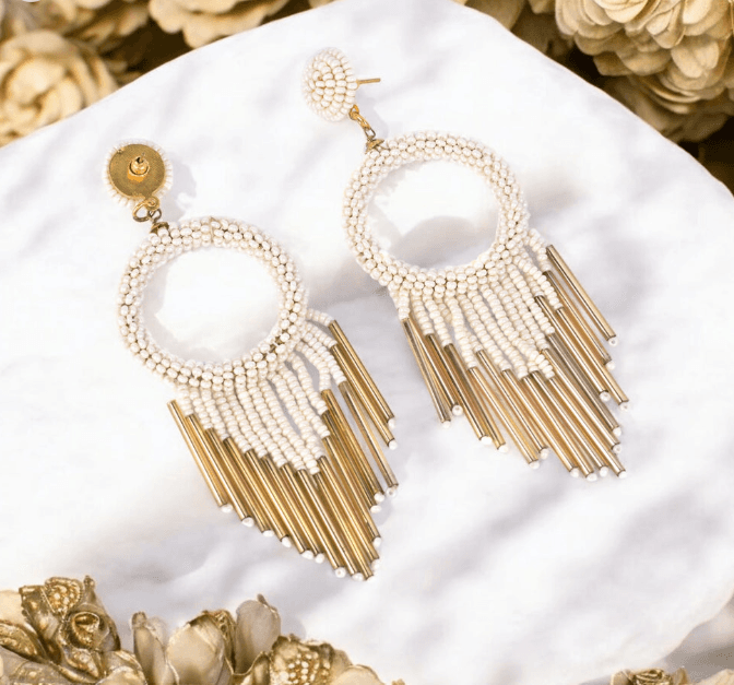Women's White Beaded Hoop Earrings | Gold Fringe Statement Jewelry