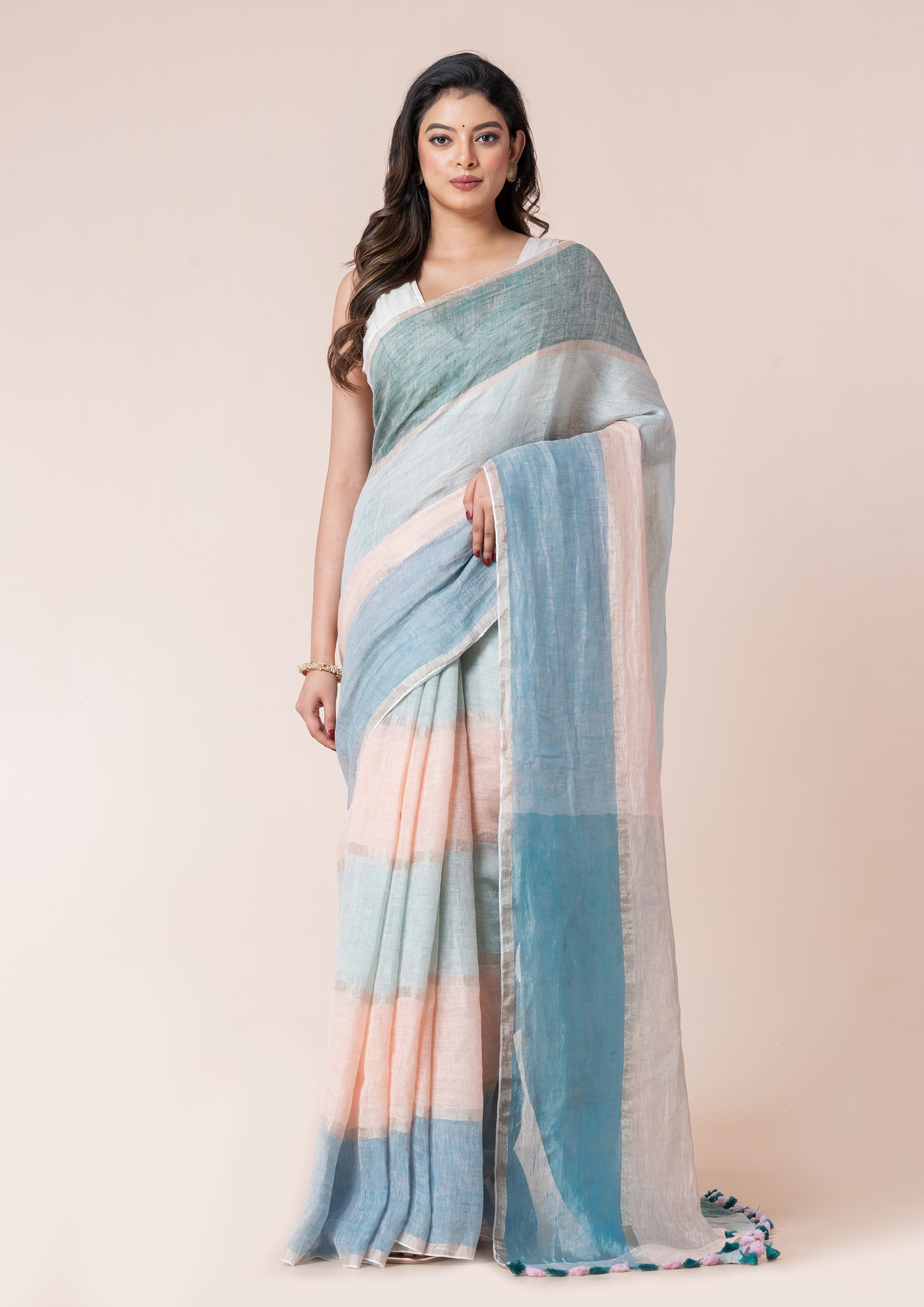Women’s Pure Linen Multicolor Saree