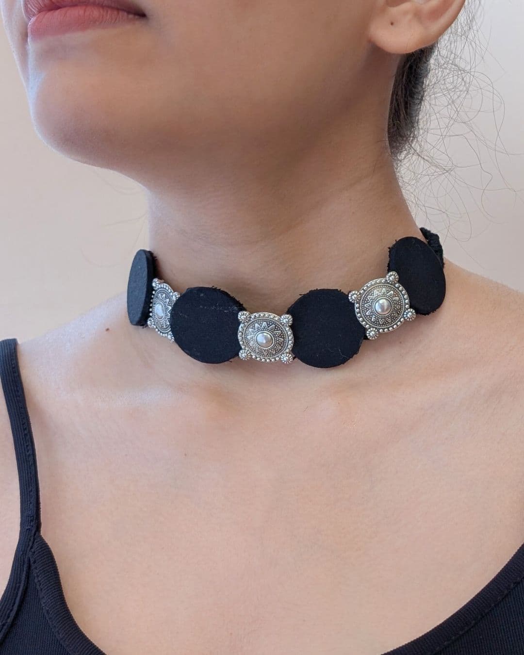 Oxidised Silver | Black Fabric Choker Necklace