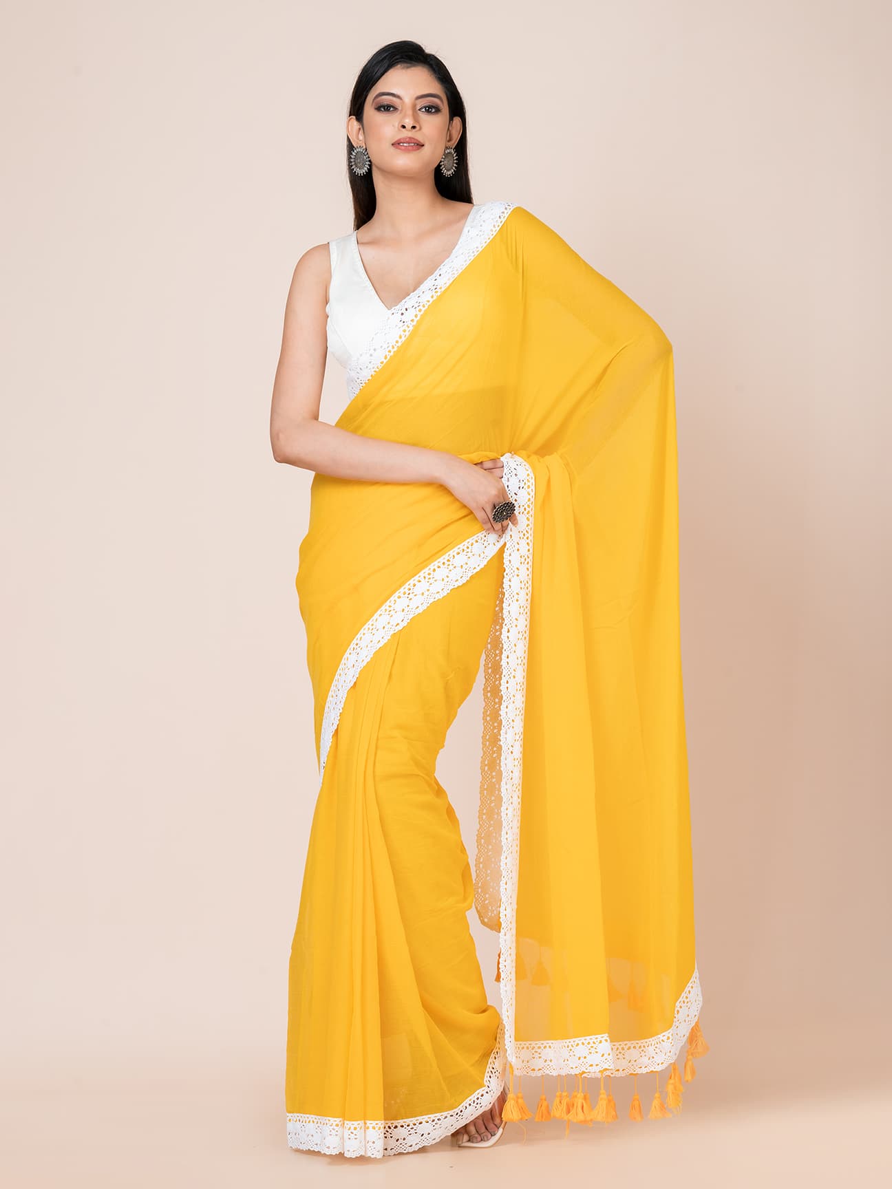 Daisy Delight - Pure cotton solid saree with lace border Without Blouse Piece l Yellow
