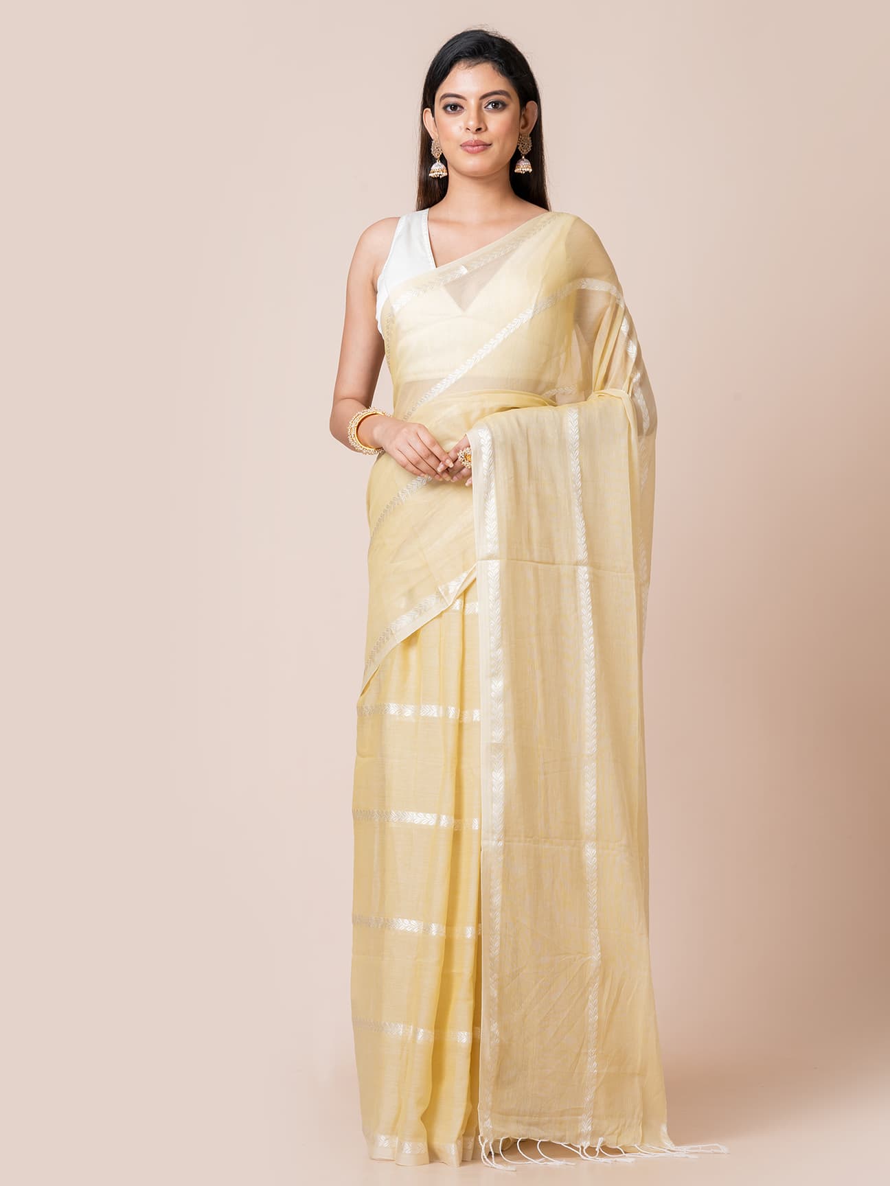 Women’s Saree  - Pure Cotton Saree With Zari Stripes Without Blouse Piece ll Pastel Yellow