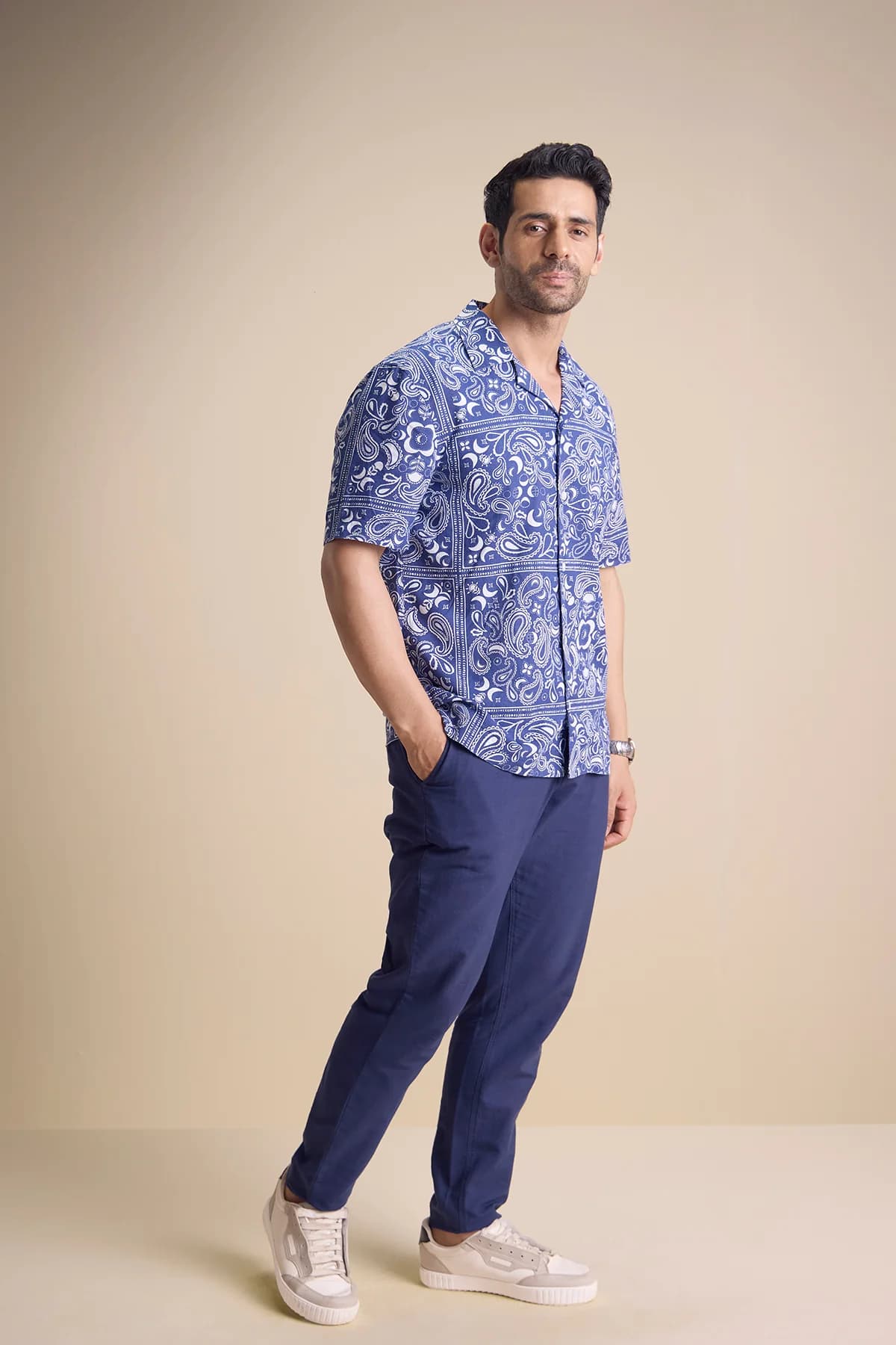 Men's 100% Cotton Vento Short Sleeve Camp Collar Shirt | Zira Luna Blue