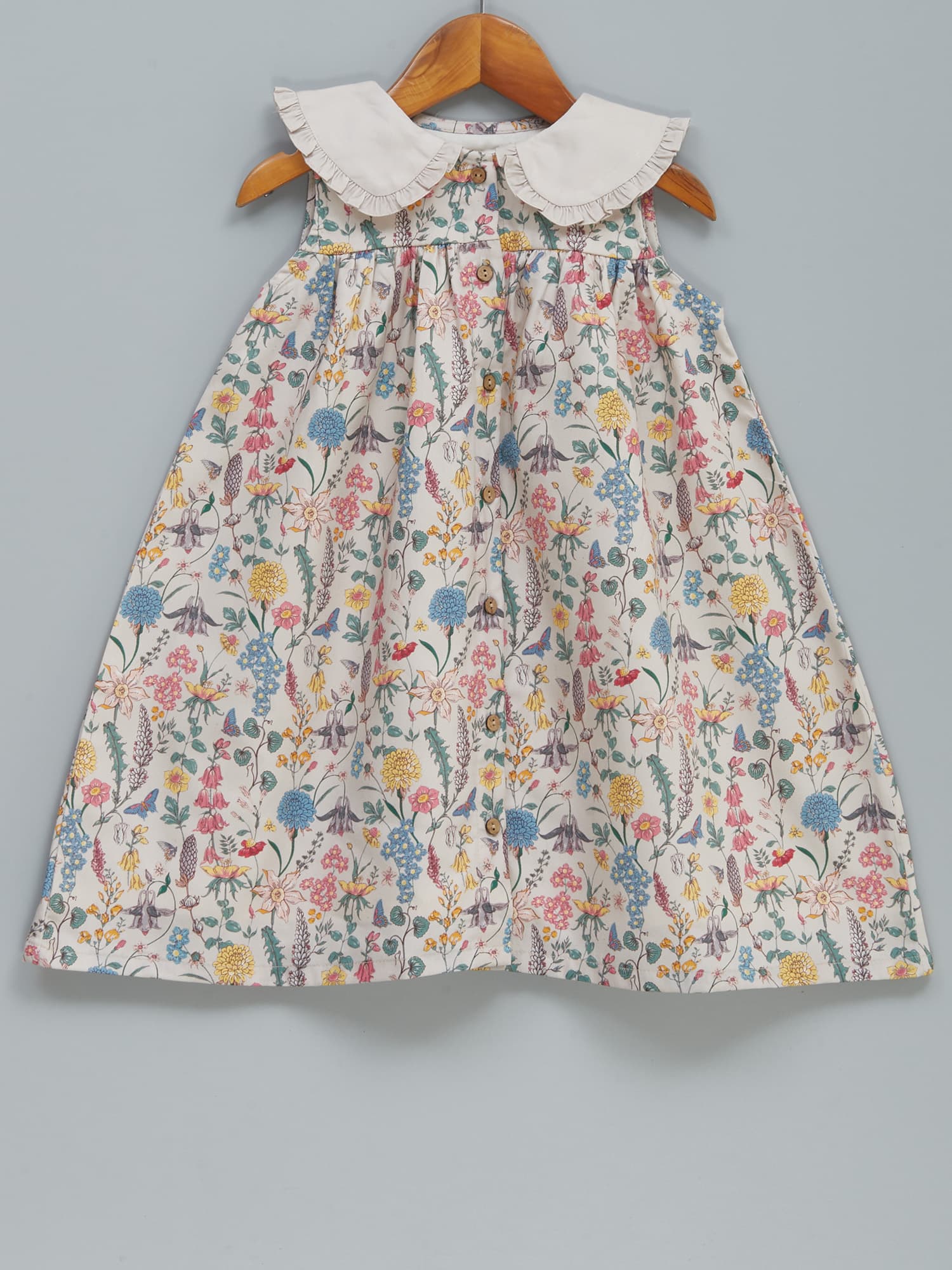 Girls Dress – Beige Cotton with Wild Floral Digital Print