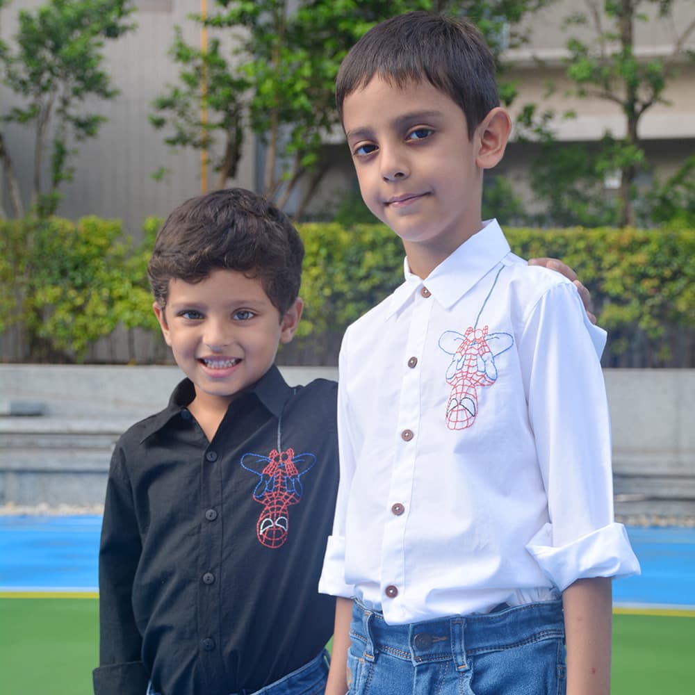 Spider Man Theme Embroidered Cotton Shirt – Black Casual Wear