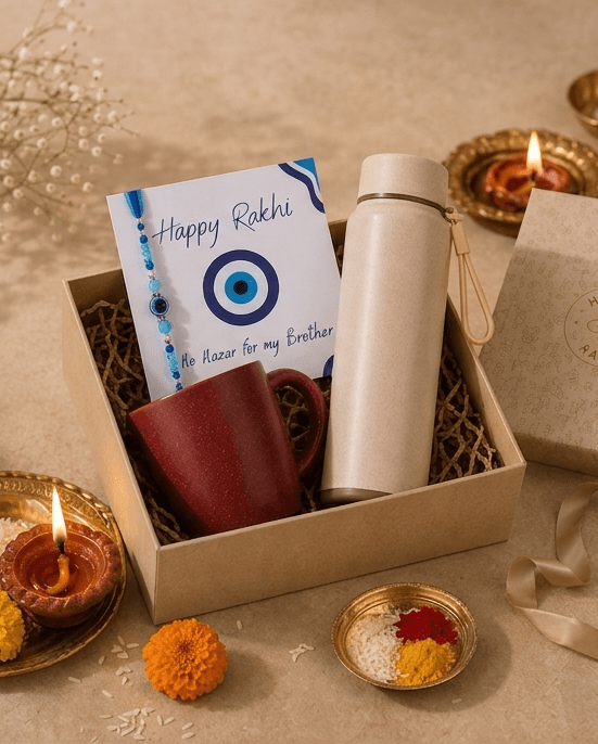 Raksha Bandhan Gift Trio | Mug, Bottle & Evil Eye Rakhi