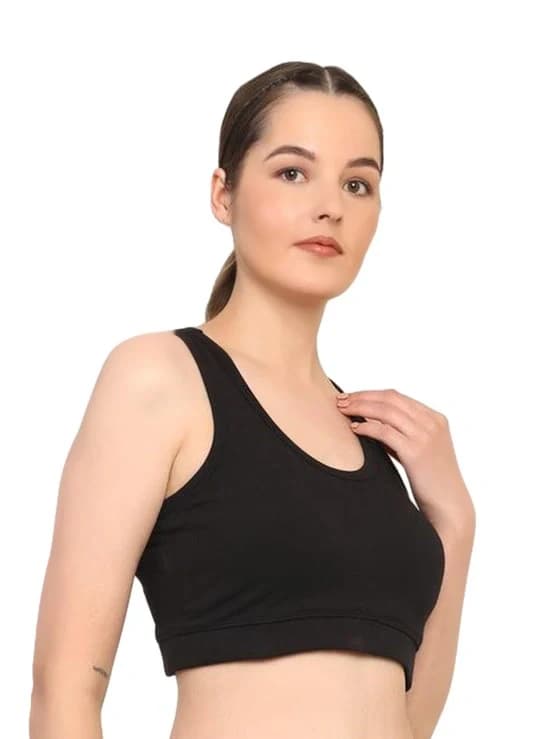 Cotton Sports Bra with Removable Pads - Black