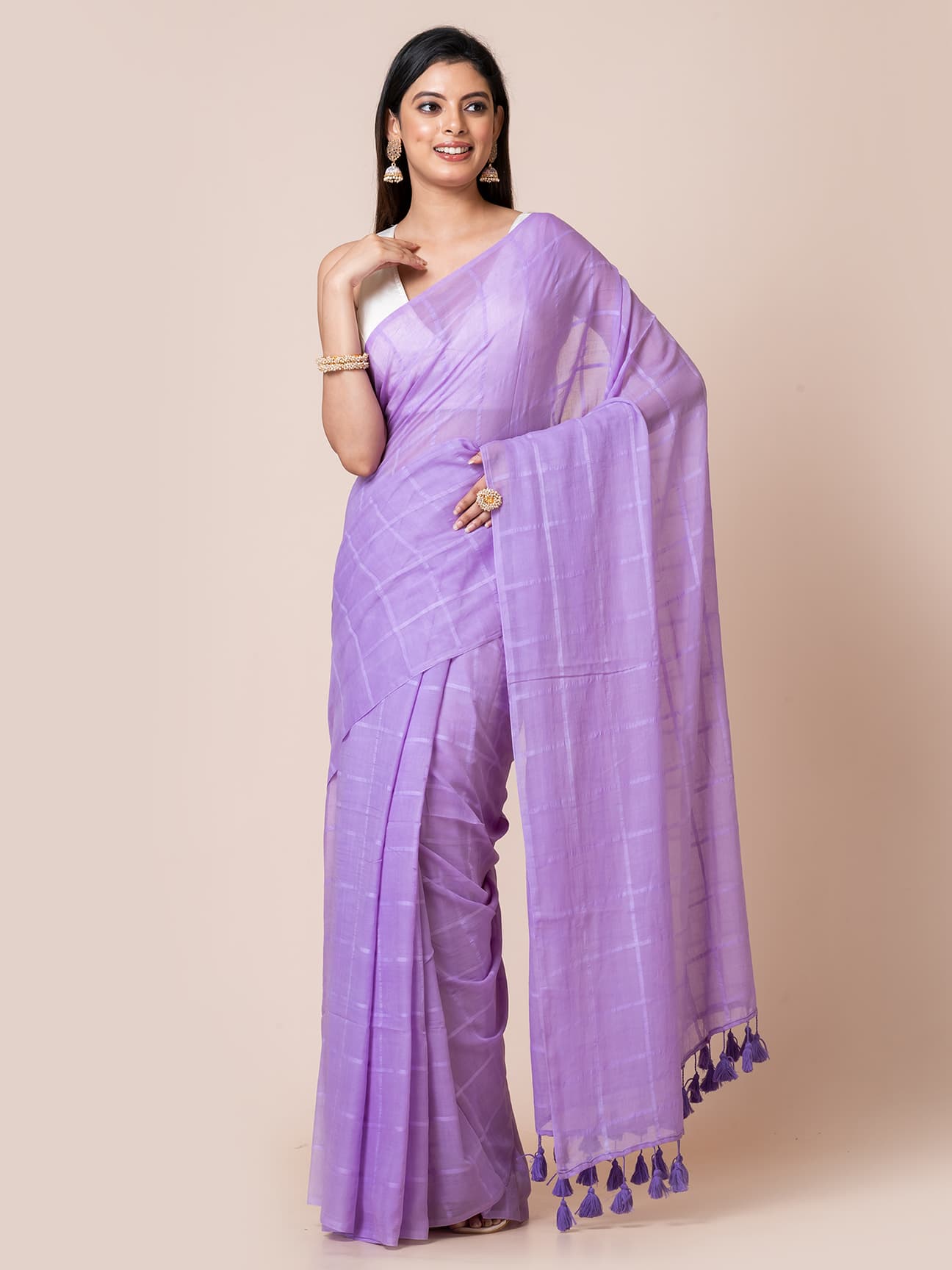Dusky Blue - Pure Cotton Checkered Saree Without Blouse Piece l Dusty Blue