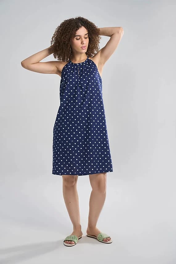 Women's 100% Organic Khadi Cotton Saba Halter Dress – Smart Fit | Lunar Polka Blue