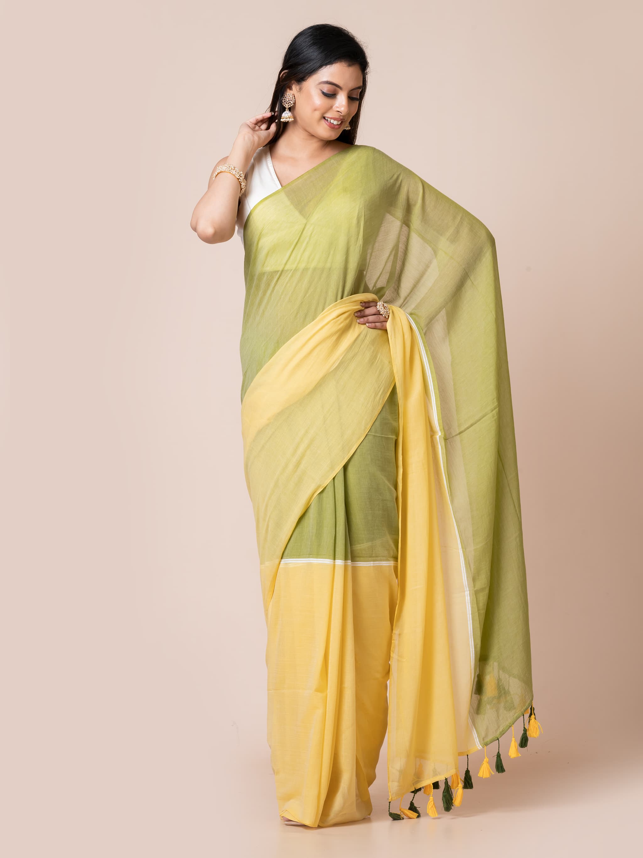 Lemon Charm - Pure cotton solid  saree with tassels Without Blouse Piece l Yellow and Green