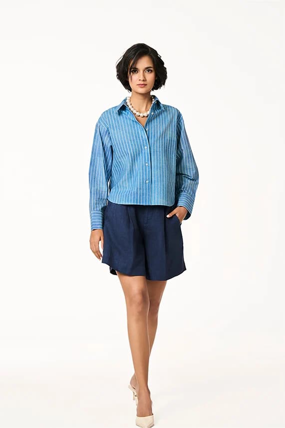 Women's 100% Organic Khadi Cotton Roxy Mario Shirt – Smart Fit | Marine Art Stripe Ice Blue