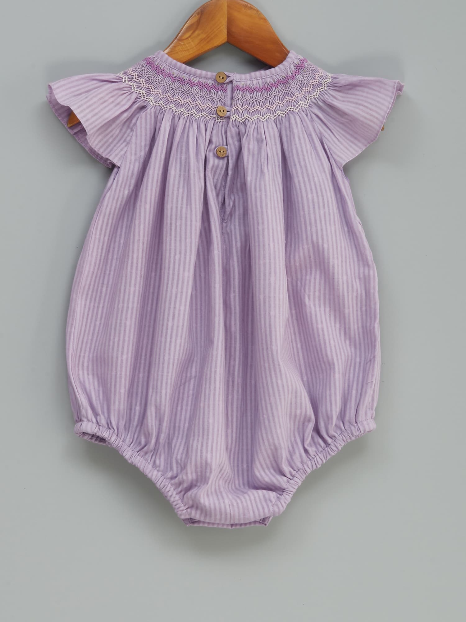 Baby Romper – Lavender Cotton Dobby with Hand-Smocked Neck