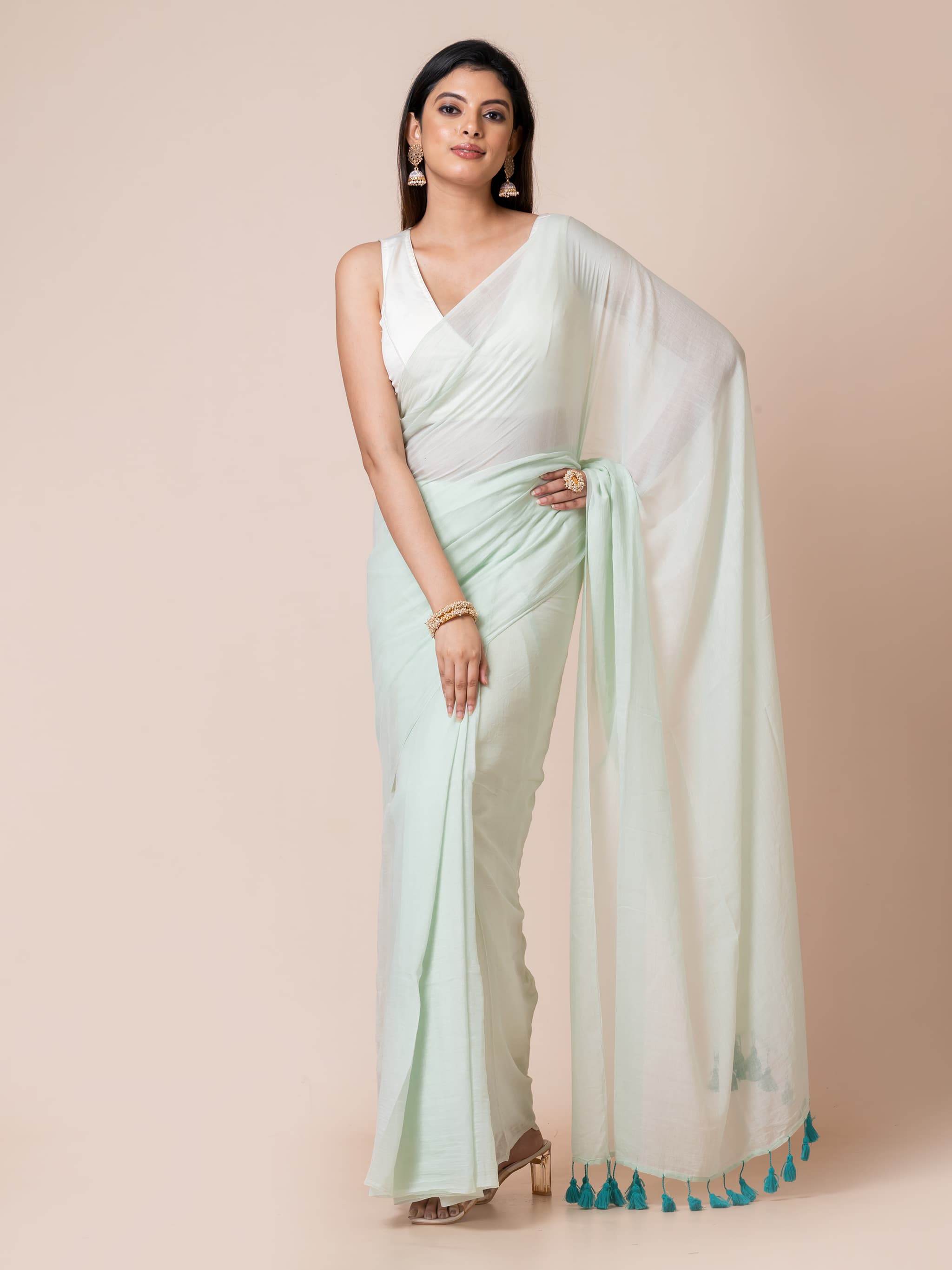 Hyacinth - Pure cotton solid saree with contrast tassels Without Blouse Piece l Light Aqua