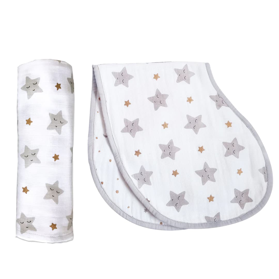 Swaddle & Burp Cloth Bib - Starry Night (Metallic)