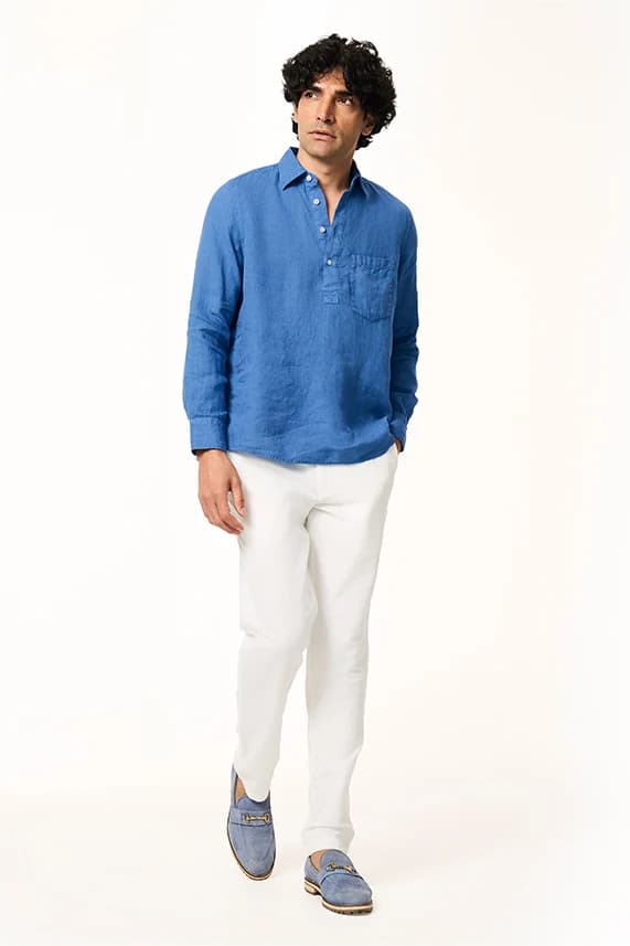 Men's 100% Linen Rico Popover Shirt – Smart Fit | Ocean Blue