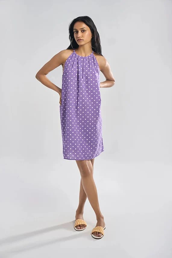 Women's 100% Organic Khadi Cotton Saba Halter Dress – Smart Fit | Lunar Polka Aurora Lilac