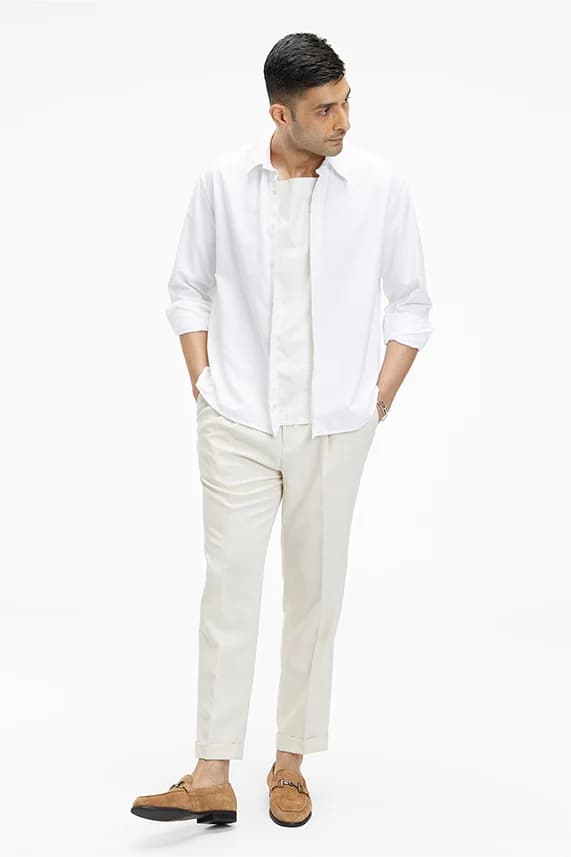 Men's 100% Organic Khadi Oxford Cotton Zouk Zip-up Window Shirt – Resort Fit | White + Astro Sheen Ivory