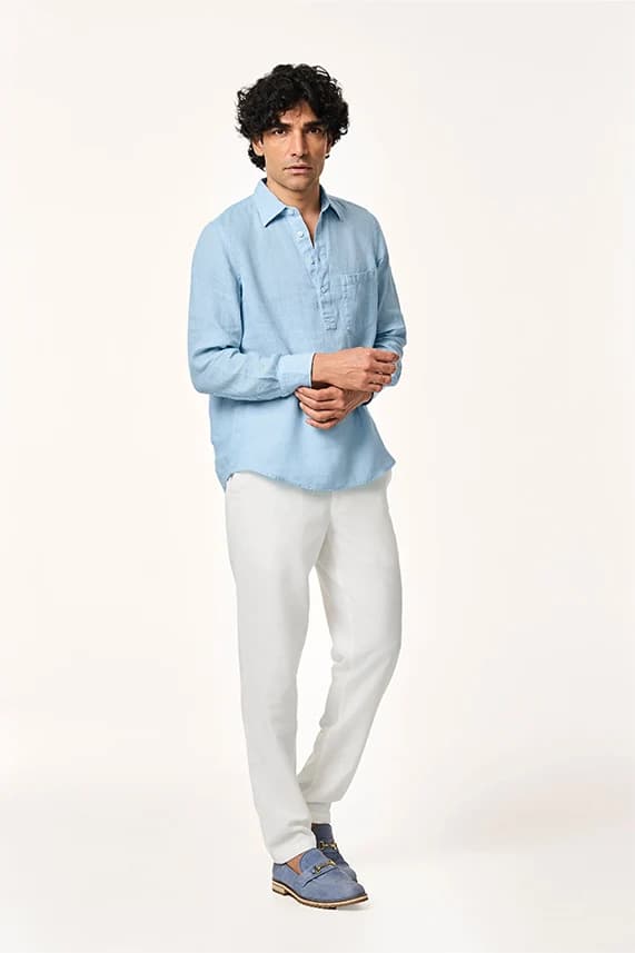 Men's 100% Linen Rico Popover Shirt – Smart Fit | Ice Blue