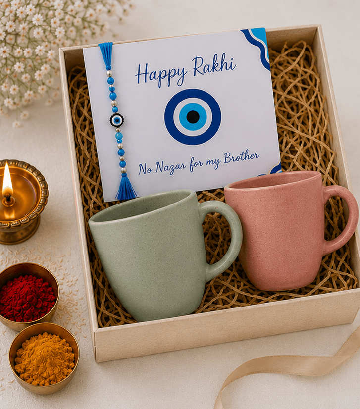 Raksha Bandhan Special | Classic Mug Duo & Evil Eye Rakhi