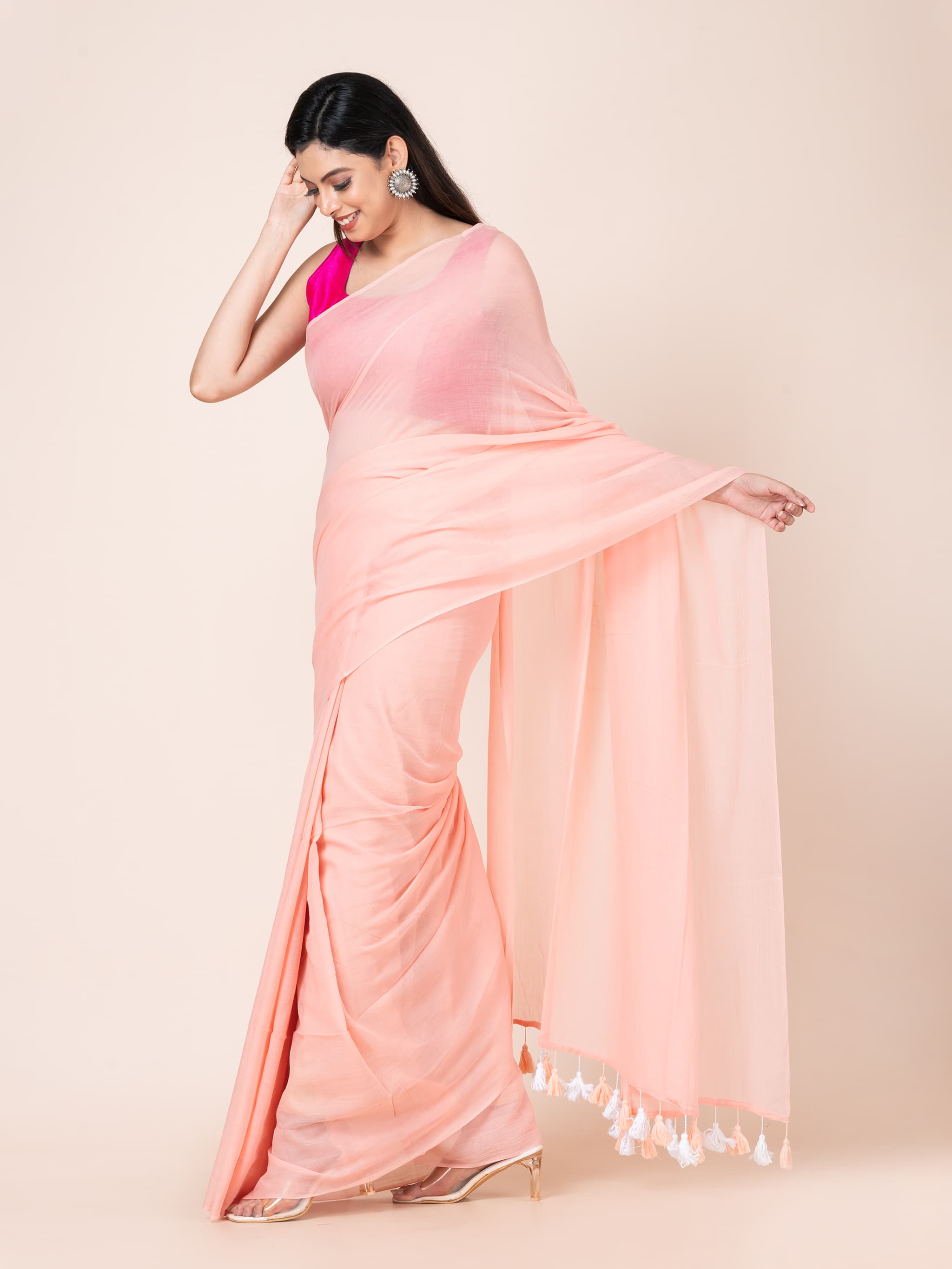 Coral - Pure cotton solid saree with tassels Without Blouse Piece l Coral