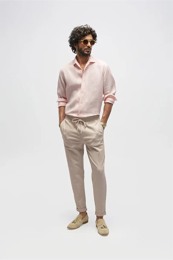 Men's 100% Linen Quai Spread Collar Shirt – Smart Fit | Salmon