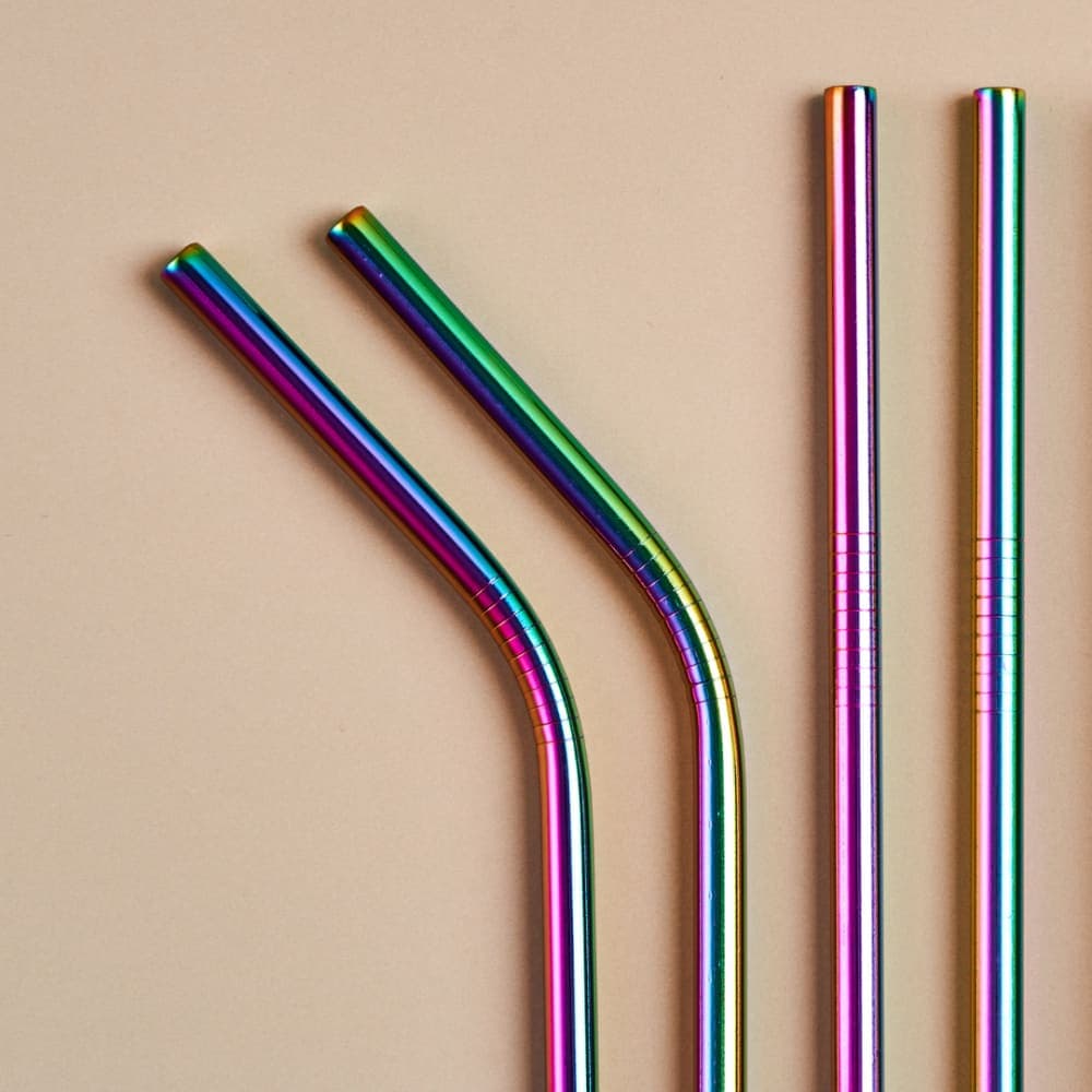 Rainbow Stainless Steel Reusable Straws Set – 1 Straight, 1 Bent with Sisal Cleaner
