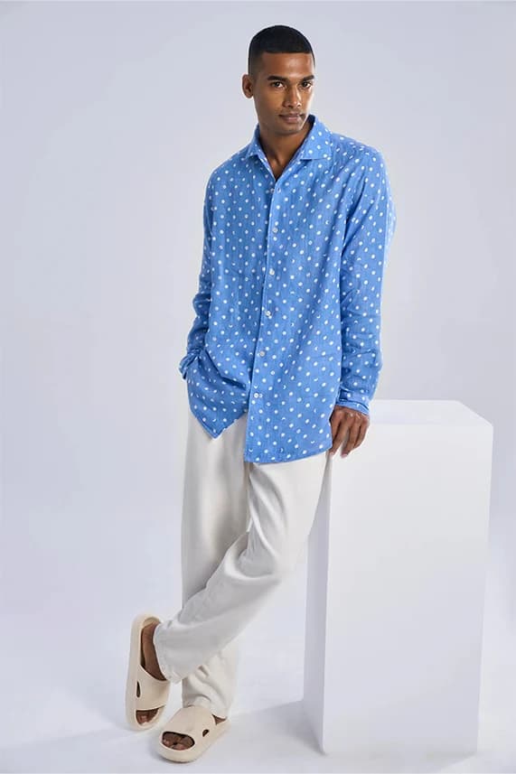 Men's 100% Linen Quai Long Sleeves Cut Away Collar Linen Shirt – Smart Fit | Lunar Polka Summer Sky