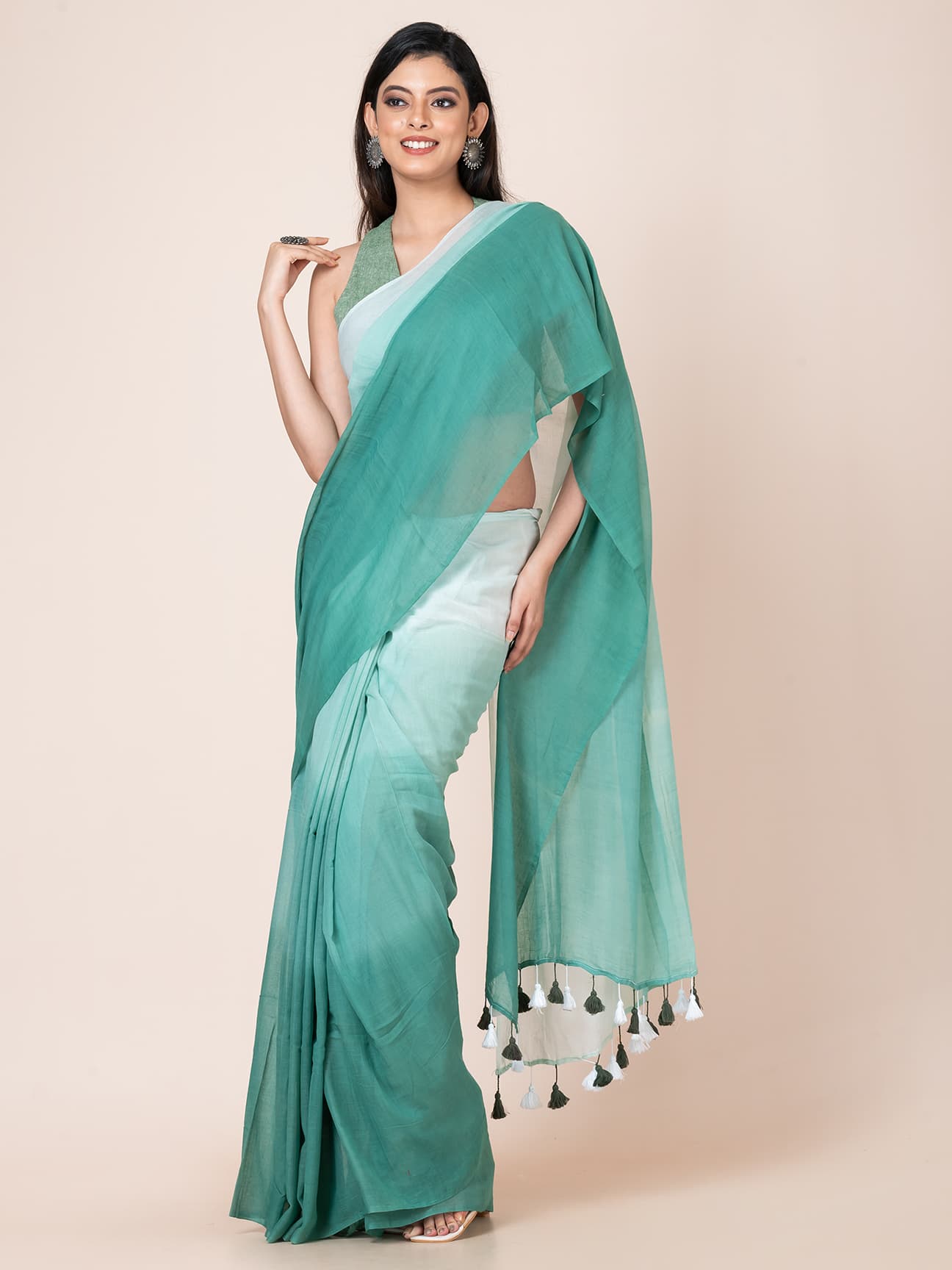 Serene Teal - Pure cotton  shaded saree Without Blouse Piece l Teal